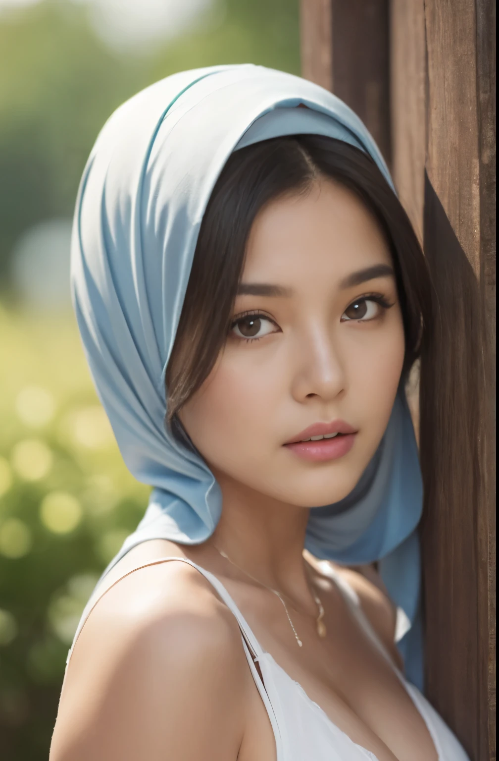 brownies, sky,moon, (Close-up of the painting style,Ultra HD 8K,Masterpiece grade CG wallpaper),Cinematic lighting,cute girly,Delicate and beautiful face,Dreamy pupils,Wearing nekomaid,round waist,hijabi,Bust poem,Sit,Cloudy background,the trees,florals,summer,Chinese style buildings, cleavage, magical