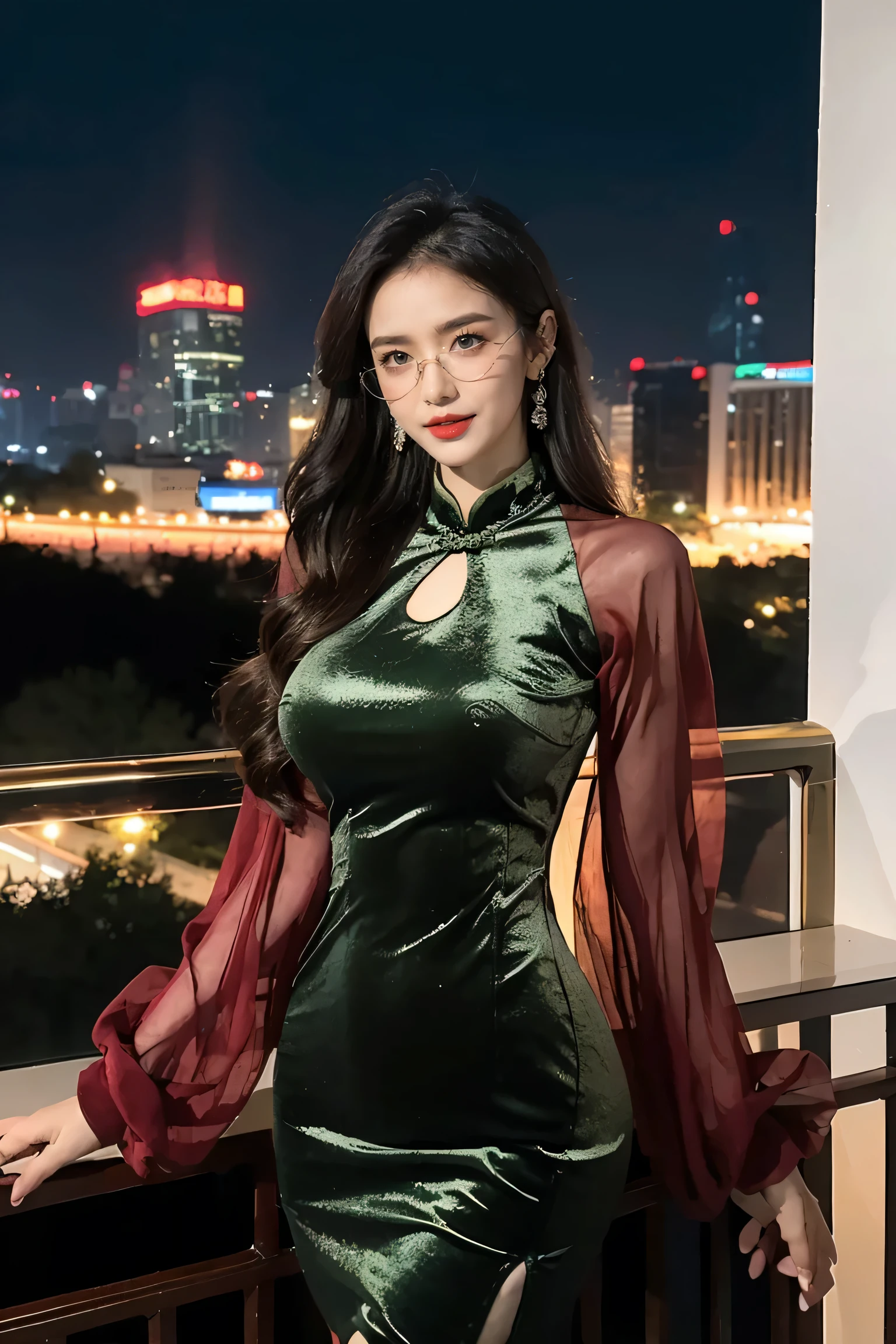 Super detailed,Very detailed,best quality,masterpiece,illustration,actual,photoactual,
WHQP, qipao, alone, 1 girl, 
(green dress:1.2),(green sleeves:1.2), Cross-dressing, 
Chinese clothes, Chinese dress, Transparent sleeves, huge breasts,long sleeves, cleavage cutout, pantyhose, round glasses, side slits, 
long hair, Bangs,
looking at the audience,Cowboy shooting, 
Outdoor activities, City,night,City lights, street, 
 