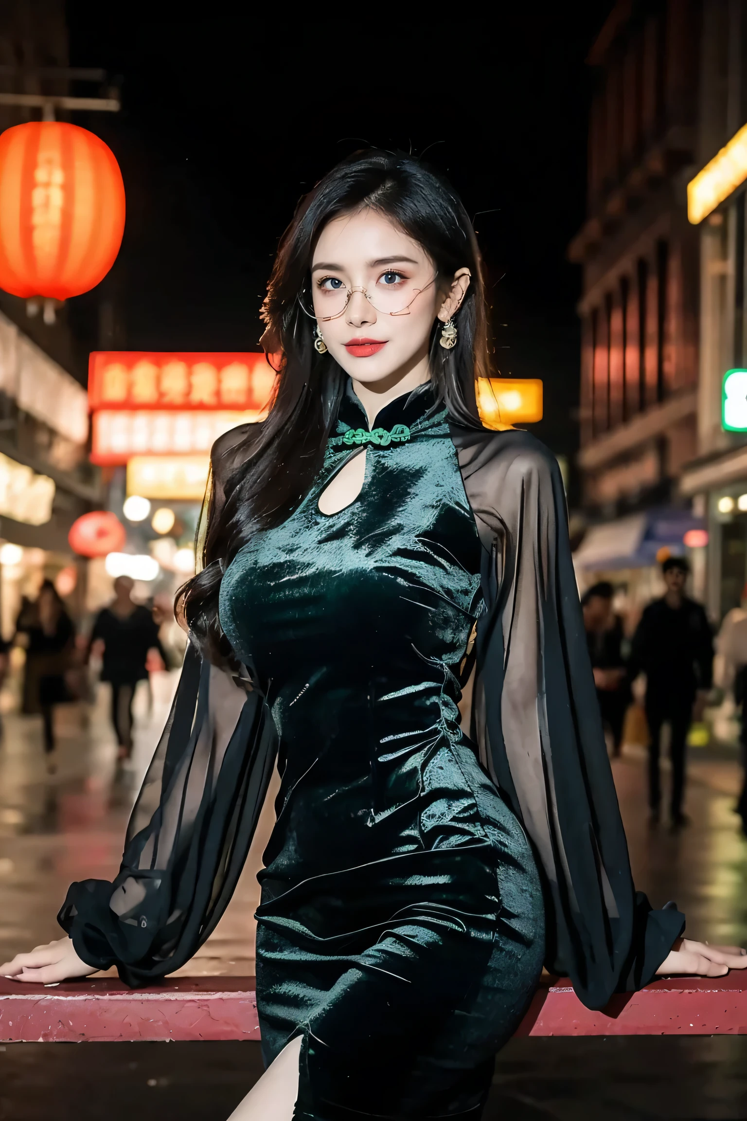 Super detailed,Very detailed,best quality,masterpiece,illustration,actual,photoactual,
WHQP, qipao, alone, 1 girl, 
(green dress:1.2),(green sleeves:1.2), Cross-dressing, 
Chinese clothes, Chinese dress, Transparent sleeves, huge breasts,long sleeves, cleavage cutout, pantyhose, round glasses, side slits, 
long hair, Bangs,
looking at the audience,Cowboy shooting, 
Outdoor activities, City,night,City lights, street, 
 