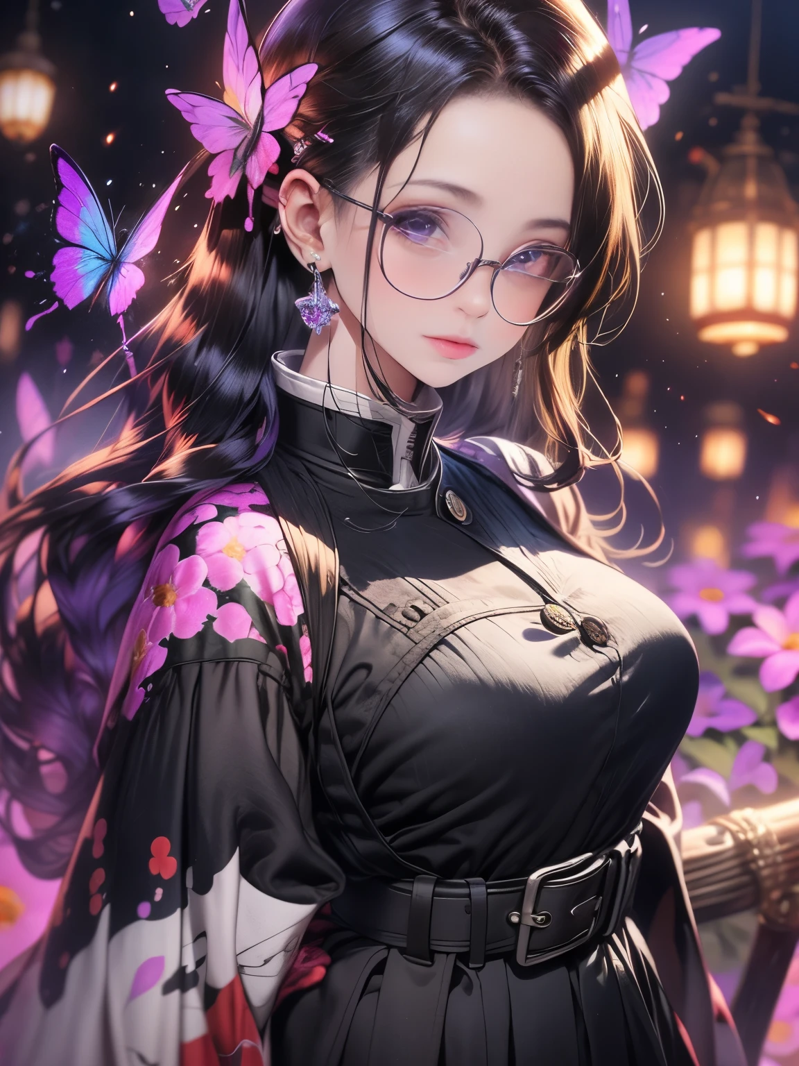 Hyper-realistic 8K CG,masterpiece,((Super detailed background, Exquisite pattern, intricate details)),best quality,very detailed Face,extremely detailed eyes and Face,extremely detailed eyes,Section Chief Ren,colorful hair,no bangs,hair intake,purple eyes,forehead,black shirt,Black pants,Haori,Butterfly,buttons,belt,(garden:1.2),purple flower,chibi,cloudy Sky,Sunlight,Tyndall effect,slope_Sky,Face,Gorgeous Sky,waist knife,Charming gesture, Hyper-realistic 8K CG, masterpiece, close up, (weapons in hand: 1.2), (attack: 1.2), beauty, goddess, from the front, Face sticking out, (Super detailed background, Exquisite pattern, intricate details)), high quality, highly detailed Face, highly detailed eyes and Face, highly detailed eyes, Fluttershy Ninja, colorful hair, no bangs, hair intake, purple eyes, forehead, black shirt, Black pants, (Haori, Butterfly: 1.3, button, belt), (garden: 1.2), purple flower, chibi, cloudy Sky, Sunlight, Tyndall effect, slope_Sky, Face, gorgeous Sky, Waist saber,
