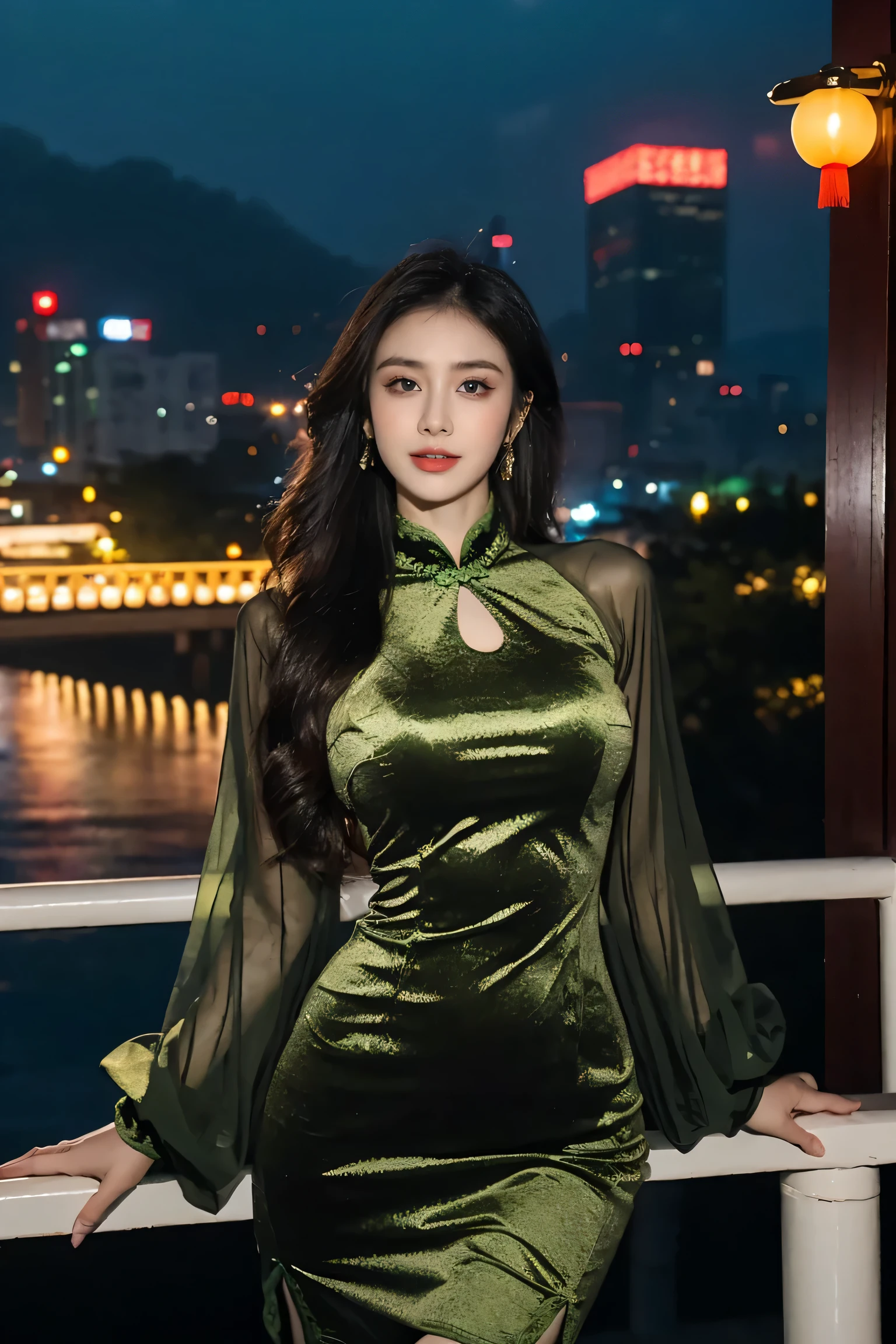 Super detailed,Very detailed,best quality,masterpiece,illustration,actual,photoactual,
WHQP, qipao, alone, 1 girl, 
(green dress:1.2),(green sleeves:1.2), Cross-dressing, 
Chinese clothes, Chinese dress, Transparent sleeves, (huge breasts:1.2),long sleeves, cleavage cutout, pantyhose, round glasses, side slits, 
long hair, Bangs,
looking at the audience,Cowboy shooting, 
Outdoor activities, City,night,City lights, street, 
 