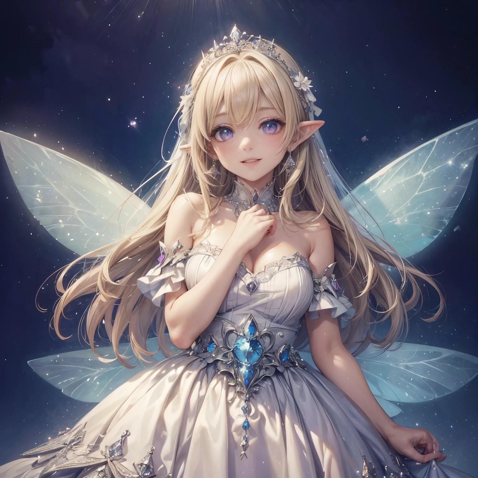 (highest quality, masterpiece, Super detailed, very detailed, exquisite, 16k,Full HD),upper body close-up, (((white background))),(fairy princess, purple eyes, Big eyes, white skin,slim, blonde,thin and long,thin and high nose,Huge fairy wings from slightly above the waist),tiara,earrings,choker,light blue ball gown dress,(laughing),  虹色にshineクリスタル,(fantasy, romantic atmosphere), magic light, realistic,photo from the shoulders up ,shine,white light,Gentle atmosphere