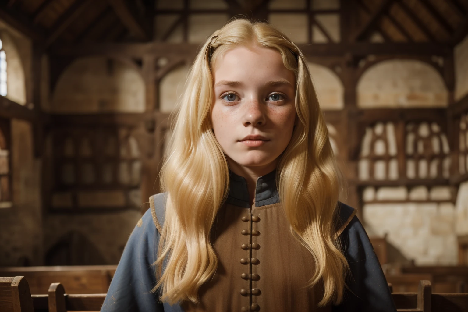 England, 1327. A young ((((18-year-old)) Gwenda)), strong, rustic, freckles all over her face, standing in the lord audience room, ((furious expression)). ((((clothings from the 1300s)))), ((blond hairstyle of the 1300s))