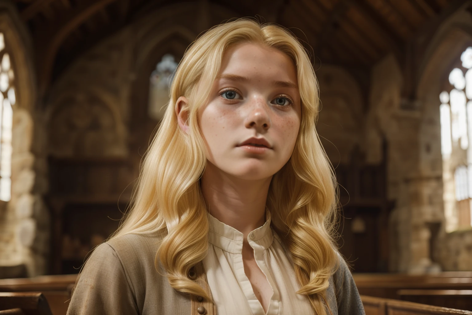 England, 1327. A young ((((18-year-old)) Gwenda)), strong, rustic, freckles all over her face, standing in the lord audience room, ((furious expression)). ((((clothings from the 1300s)))), ((blond hairstyle of the 1300s))