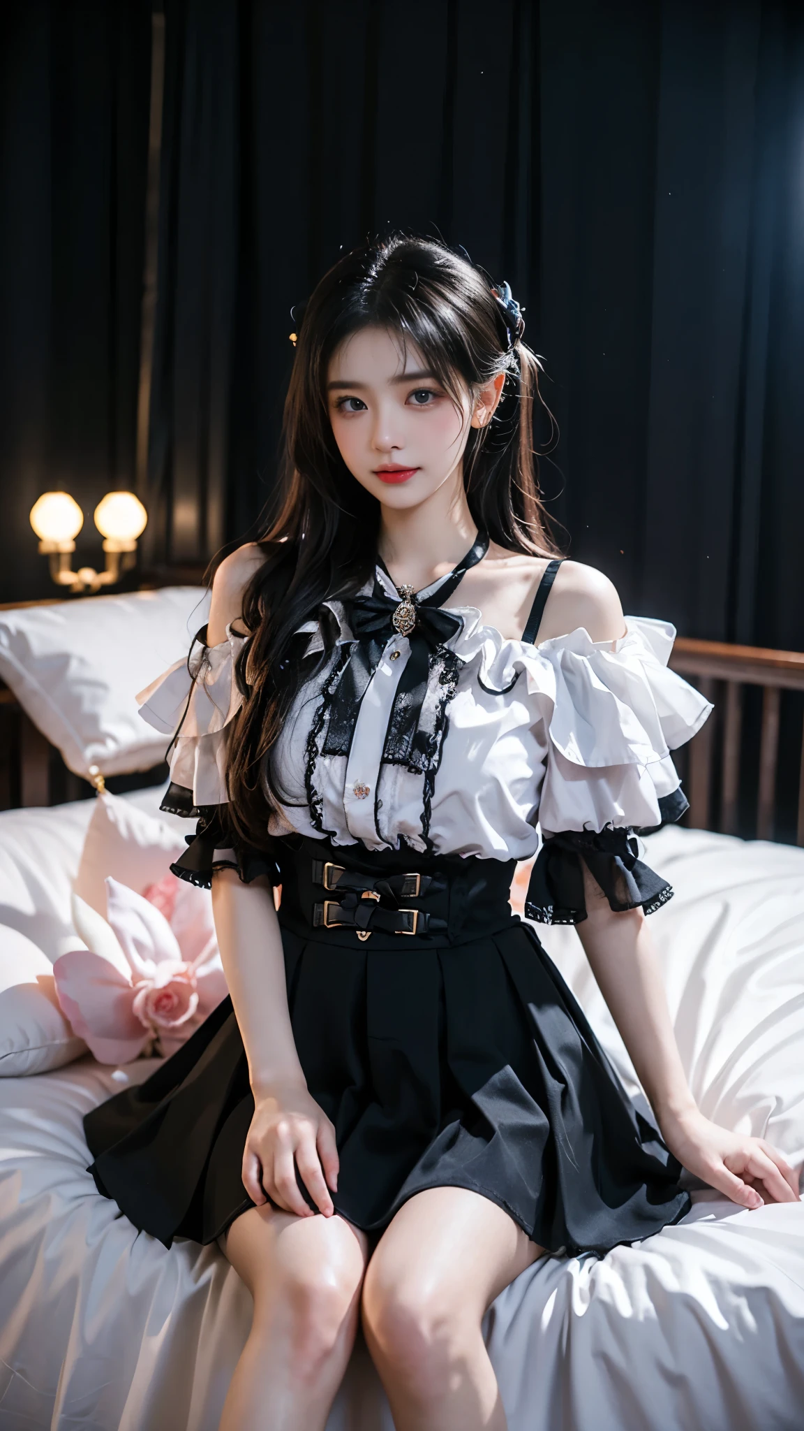jirai kei attire, jirai kei, black thighhighs, high heels, (masterpiece, best quality:1.2), 1girl, solo, ((off shoulder clothes)), deep in wonderland,The moonlight falls like water,foggy room,((sitting position, Sit on the edge of the bed)),The figure of the heroine is vaguely visible,Just like the fairy in the painting,Slender sexy legs,very beautiful legs,Leaking sexy legs,Big breasts,美丽而又带着一丝mystery的色彩。Her face is beautiful and delicate,Like finely carved jade,Showing otherworldly beauty。Picturesque eyebrows,The waves in my eyes are like twinkling stars,Show the light of perseverance and wisdom。The bridge of the nose is straight,Lip color like cherry,The slightly raised corners of the mouth reveal confidence and calmness。her face is chiseled,Skin as fair as jade,Reveal a healthy glow,Just like a fairy, she never eats fireworks in the world。Her makeup is light and delicate,Not too much embellishment,But enough to show her temperament and charm。Light-colored foundation brings out the transparency of the skin,A light eyebrow pencil outlines her perfect eyebrow shape,Eye makeup is eye shadow and eyeliner,Make her eyes brighter and more energetic。嘴唇涂上grace的口红,Adds a bit of charm and sophistication。她的衣服grace别致,Clothes flutter,It seems like it will be blown up by the wind at any time,drifting into the distance。既不失grace,Also showed her extraordinary skills。Swinging with her movements。Her hair is tied back casually,Secure it with a hosta,A few strands of hair are fluttering gently in the wind,Adds a bit of softness。Her figure is looming in the fairyland,宛如一道Big breasts美丽的风景线,attracted everyone's attention。She seems to be a fairy in wonderland,Big breasts美丽、grace、mystery、and full of power。