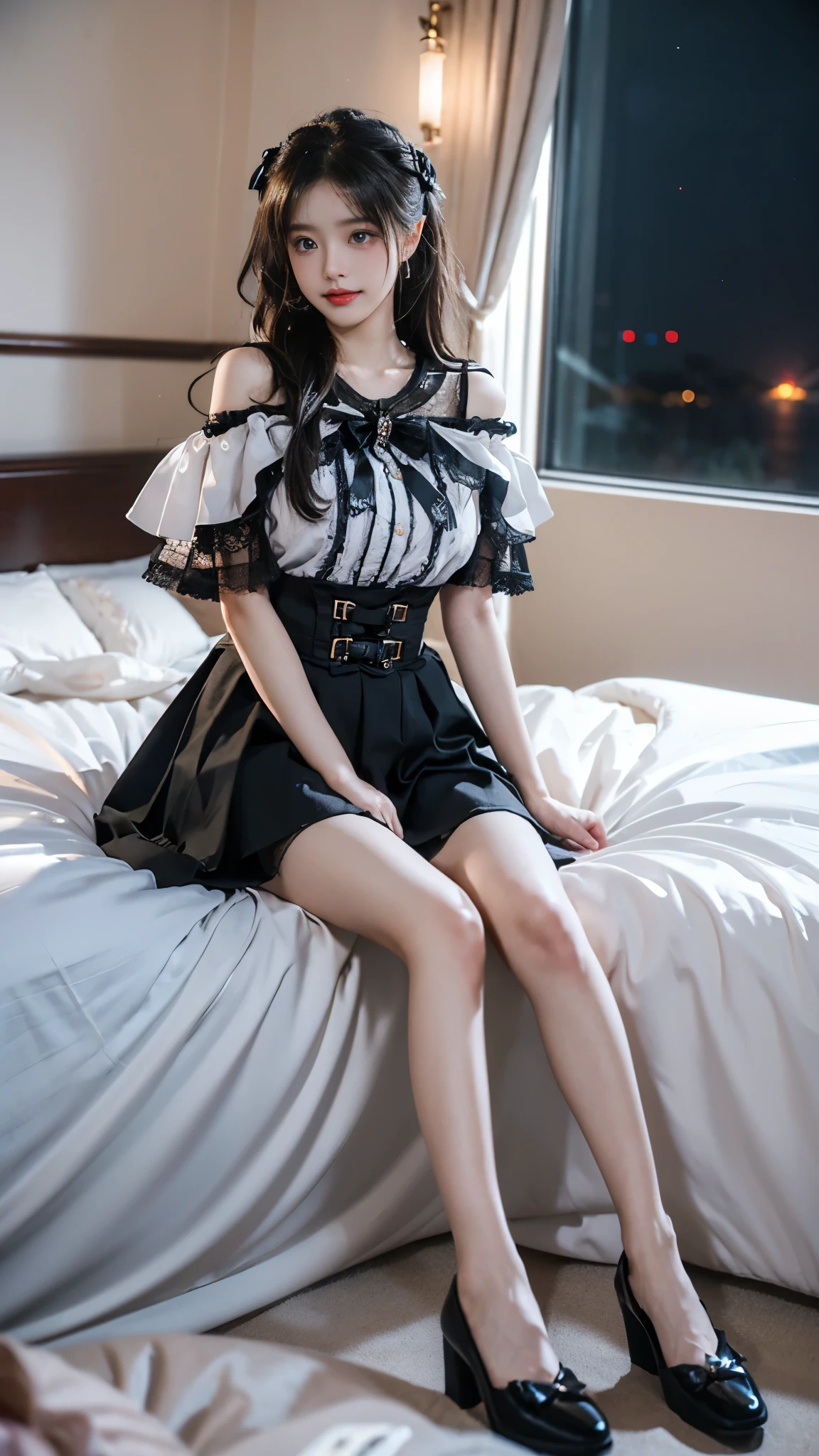 jirai kei attire, jirai kei, black thighhighs, high heels, (masterpiece, best quality:1.2), 1girl, solo, ((off shoulder clothes)), deep in wonderland,The moonlight falls like water,foggy room,((sitting position, Sit on the edge of the bed)),The figure of the heroine is vaguely visible,Just like the fairy in the painting,Slender sexy legs,very beautiful legs,Leaking sexy legs,Big breasts,美丽而又带着一丝mystery的色彩。Her face is beautiful and delicate,Like finely carved jade,Showing otherworldly beauty。Picturesque eyebrows,The waves in my eyes are like twinkling stars,Show the light of perseverance and wisdom。The bridge of the nose is straight,Lip color like cherry,The slightly raised corners of the mouth reveal confidence and calmness。her face is chiseled,Skin as fair as jade,Reveal a healthy glow,Just like a fairy, she never eats fireworks in the world。Her makeup is light and delicate,Not too much embellishment,But enough to show her temperament and charm。Light-colored foundation brings out the transparency of the skin,A light eyebrow pencil outlines her perfect eyebrow shape,Eye makeup is eye shadow and eyeliner,Make her eyes brighter and more energetic。嘴唇涂上grace的口红,Adds a bit of charm and sophistication。她的衣服grace别致,Clothes flutter,It seems like it will be blown up by the wind at any time,drifting into the distance。既不失grace,Also showed her extraordinary skills。Swinging with her movements。Her hair is tied back casually,Secure it with a hosta,A few strands of hair are fluttering gently in the wind,Adds a bit of softness。Her figure is looming in the fairyland,宛如一道Big breasts美丽的风景线,attracted everyone's attention。She seems to be a fairy in wonderland,Big breasts美丽、grace、mystery、and full of power。