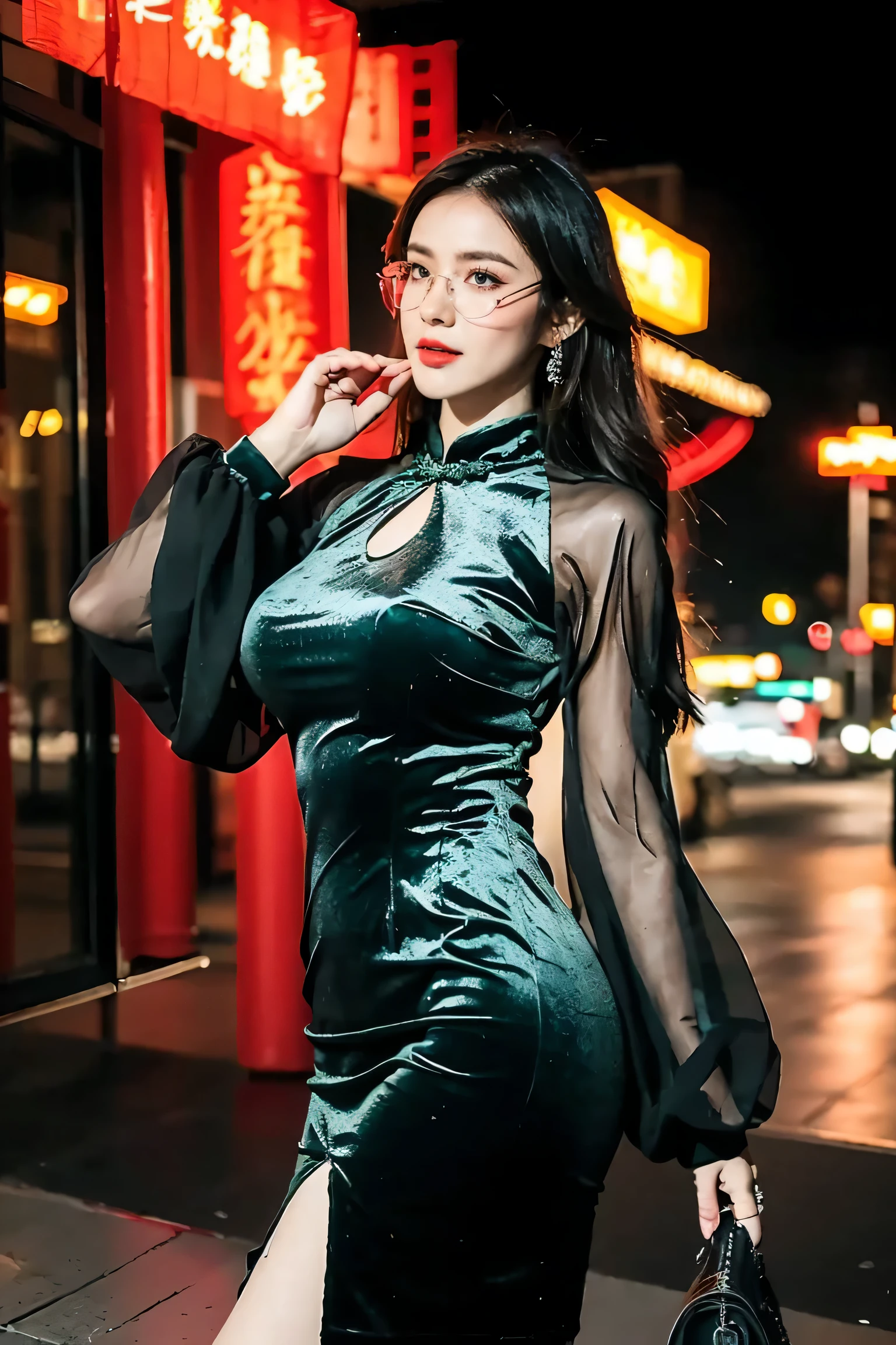 Super detailed,Very detailed,best quality,masterpiece,illustration,actual,photoactual,
WHQP, qipao, alone, 1 girl, 
(green dress:1.2),(green sleeves:1.2), Cross-dressing, 
Chinese clothes, Chinese dress, Transparent sleeves, (huge breasts:1.2),long sleeves, cleavage cutout, pantyhose, round glasses, side slits, 
long hair, Bangs,
looking at the audience,Cowboy shooting, 
Outdoor activities, City,night,City lights, street, 
 