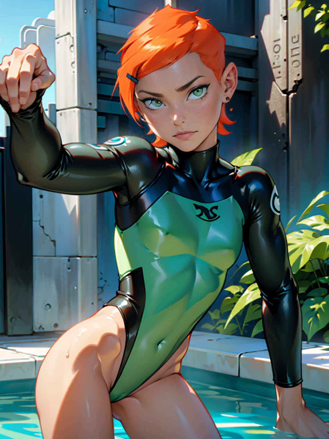 ((gwendolyn_tennyson, shaved side)), (female body, swimsuit aside), Gwen Tennyson, short hair, Gloss Body, wet body, dark green eyes, (medium breasts, pool background), bodysuit