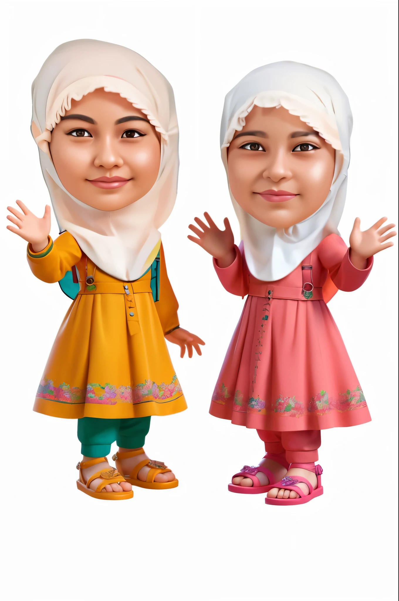 two cartoon people dressed in traditional clothing holding books, muslim, children, islamic, 2 people, 3d characters, islam, couple, twins, sisters, hijab, highly detailed characters, with fully detailed faces, mekka, modest, levitating twin nuns, figurines, digitally painted, detailed characters, potrait, women, official illustration, student, 3d illustration