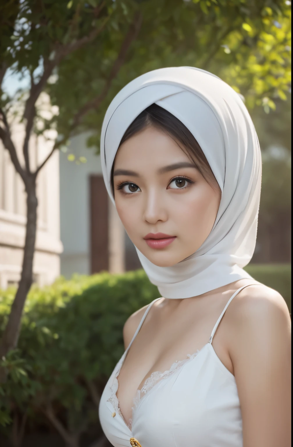 brownies, sky,moon, (Close-up of the painting style，Ultra HD 8K，Masterpiece grade CG wallpaper)，Cinematic lighting，cute girly，Delicate and beautiful face，Dreamy pupils，Wearing nekomaid,round waist,hijabi,Bust poem,Sit，Cloudy background,the trees,florals,summer,Chinese style buildings, cleavage, magical