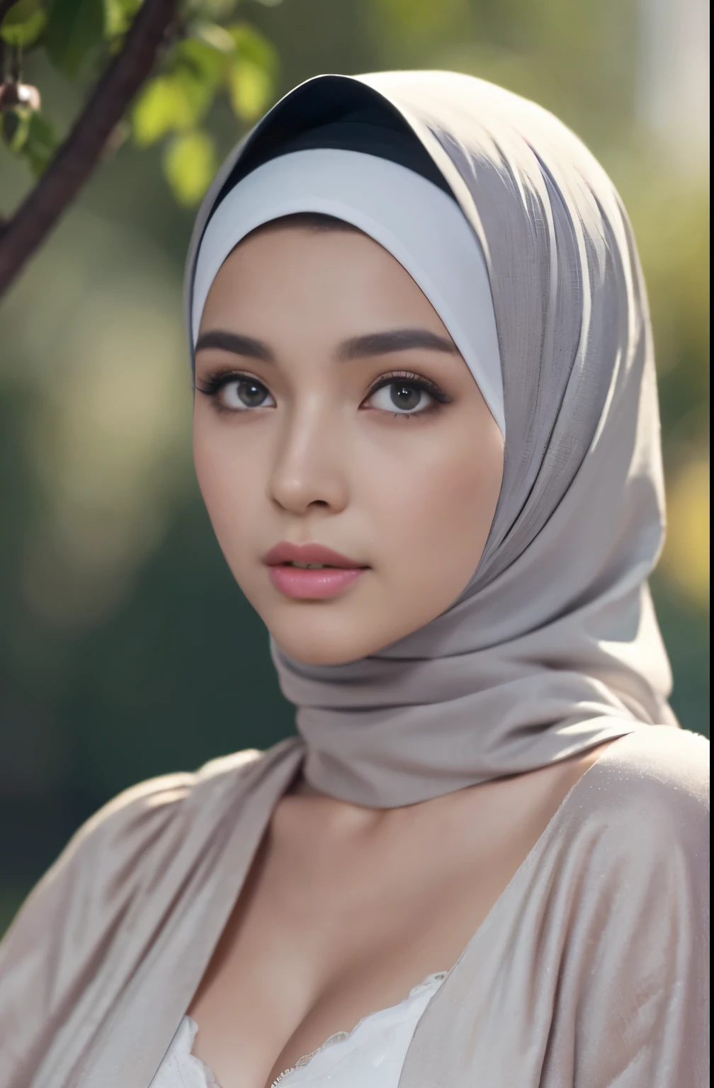 brownies, sky,moon, (Close-up of the painting style,Ultra HD 8K,Masterpiece grade CG wallpaper),Cinematic lighting,cute girly,Delicate and beautiful face,Dreamy pupils,Wearing nekomaid,round waist,hijabi,Bust poem,Sit,Cloudy background,the trees,florals,summer,Chinese style buildings, cleavage, magical