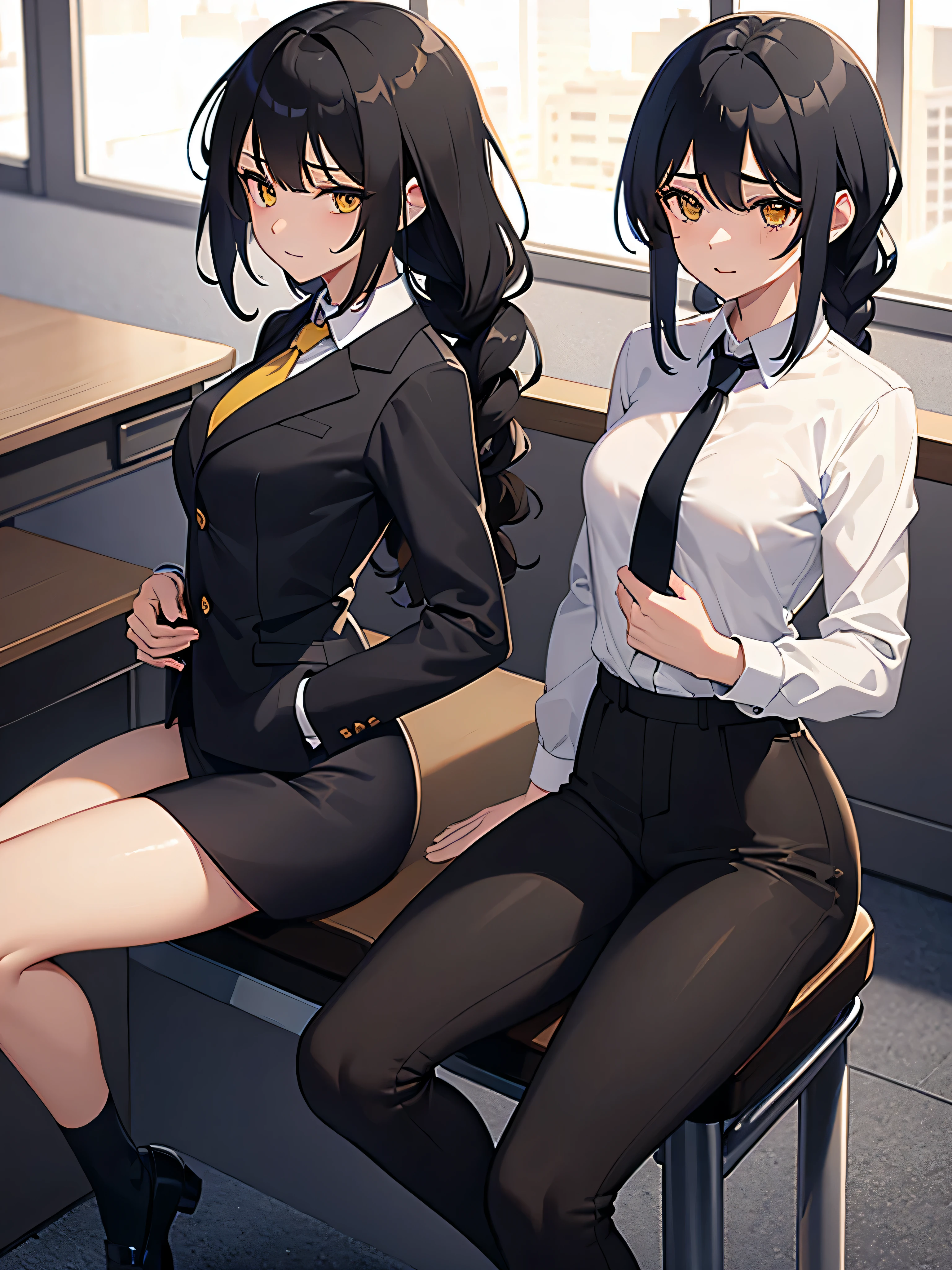 ((masterpiece)), (best quality), beautiful, extremely detailed face, perfect lighting,ultra-detailed,((expressionless)),((cold attitude)),((tsurime)),((tareme)),breasts,((Mature female)),((gym storeroom)) makima, long hair, smile, bangs, (small breasts:1.2), (yellow eyes:1.2), braid, black hair, braided ponytail, ringed eyes, shirt, long sleeves, white shirt, necktie, collared shirt, pants, black pants, formal, suit, black necktie, shirt tucked in, office lady, Perfect female body,(slim waist),abdominal muscles,linea alba, ((sweat)),virgin,,neat figure,shiny skin,slender waist,Small breast,((tareme)),((empty eyes)),((hands on penis)) 1girl, ass, sitting, solo, looking back, from behind,desk, thighs, school desk, ass focus, chair, wide hips, huge ass
