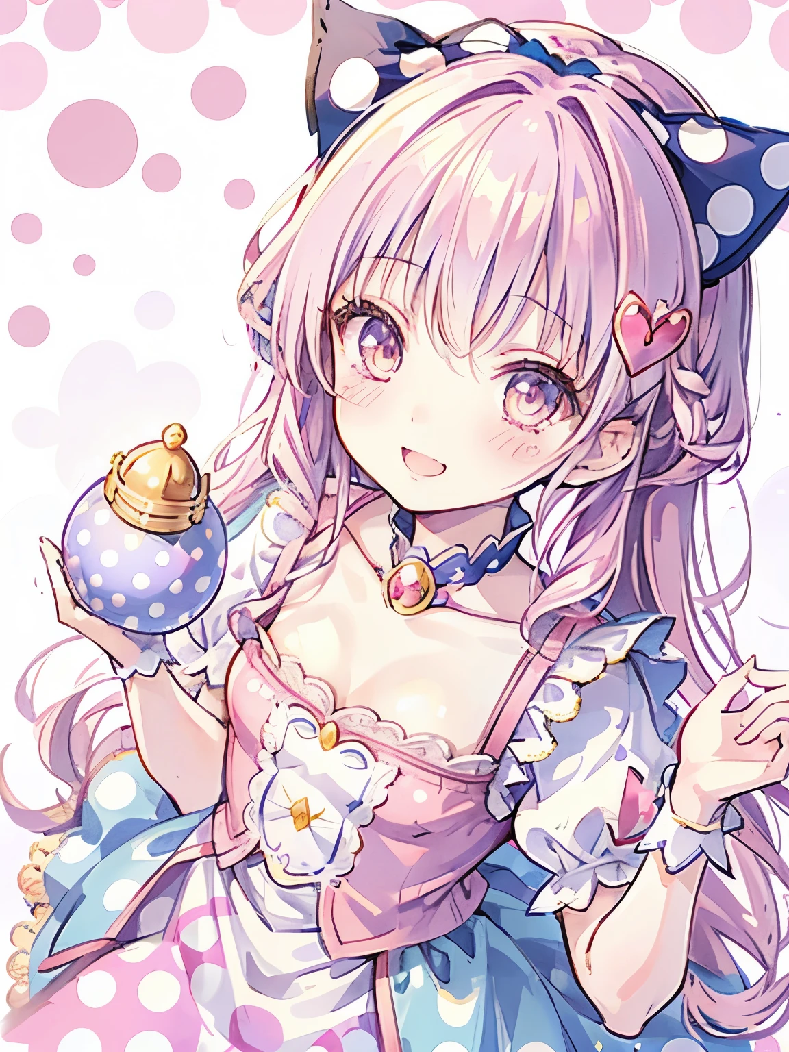 girl,((It's a Small World:1.3)),smile,Princess style from the fairy tale world,alice in wonderland,cheshire cat,close up of face,(polka dot background:1.2),red and white and pink and yellow,(look up:1.3),(NSFW)