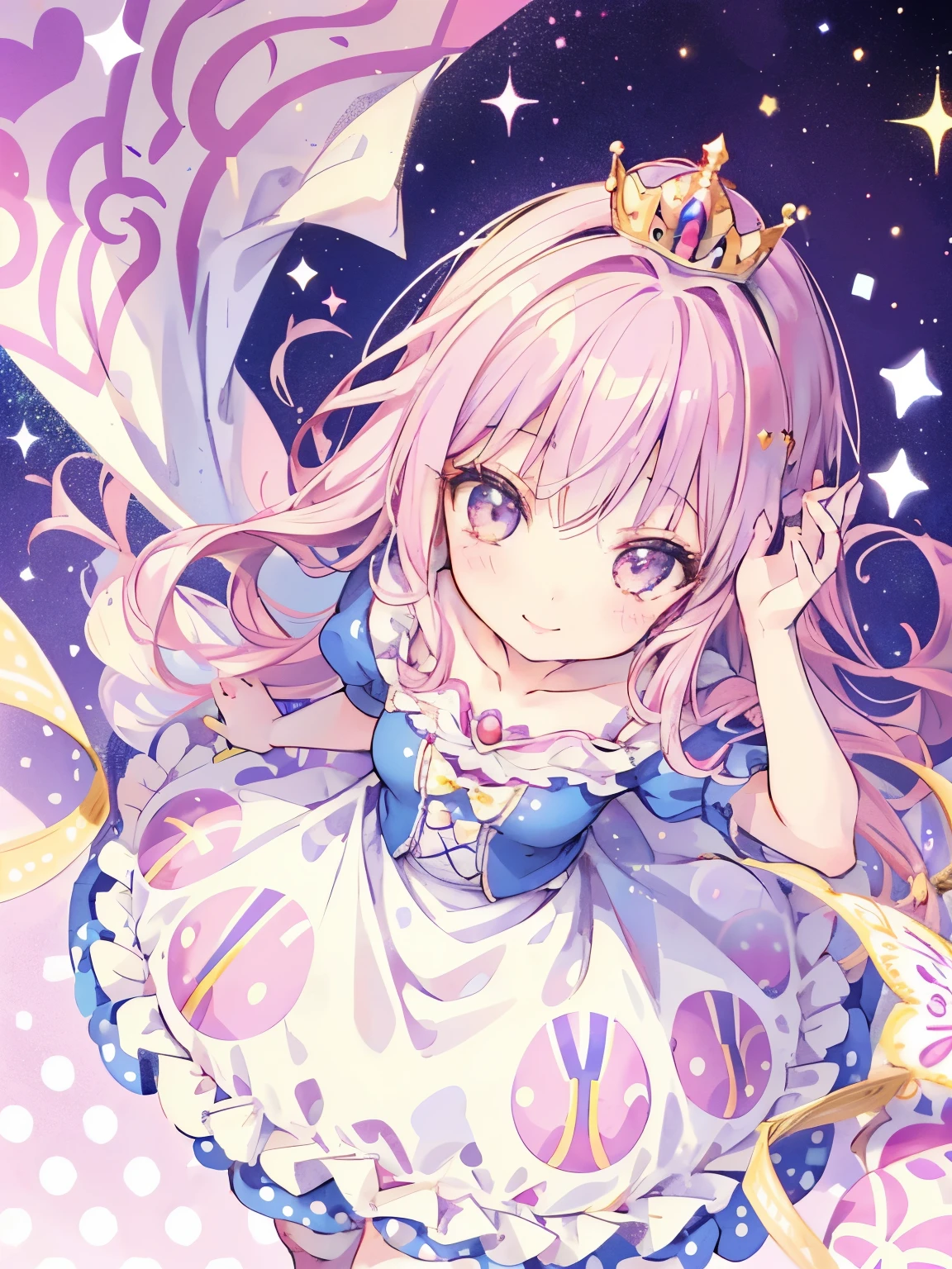 girl,((It's a Small World:1.3)),smile,Princess style from the fairy tale world,alice in wonderland,cheshire cat,close up of face,(polka dot background:1.2),red and white and pink and yellow,(look up:1.3),(NSFW)
