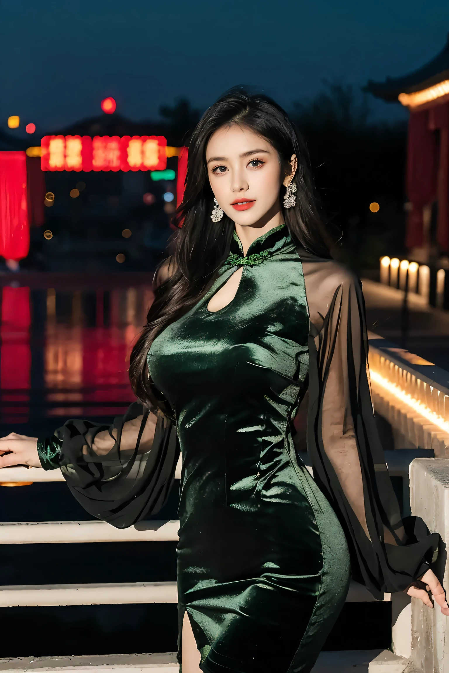 Super detailed,Very detailed,best quality,masterpiece,illustration,actual,photoactual,
WHQP, qipao, alone, 1 girl, 
(green dress:1.2),(green sleeves:1.2), Cross-dressing, 
Chinese clothes, Chinese dress, Transparent sleeves, (huge breasts:1.2),long sleeves, cleavage cutout, pantyhose, round glasses, side slits, 
long hair, Bangs,
looking at the audience,Cowboy shooting, 
Outdoor activities, City,night,City lights, street, 
 