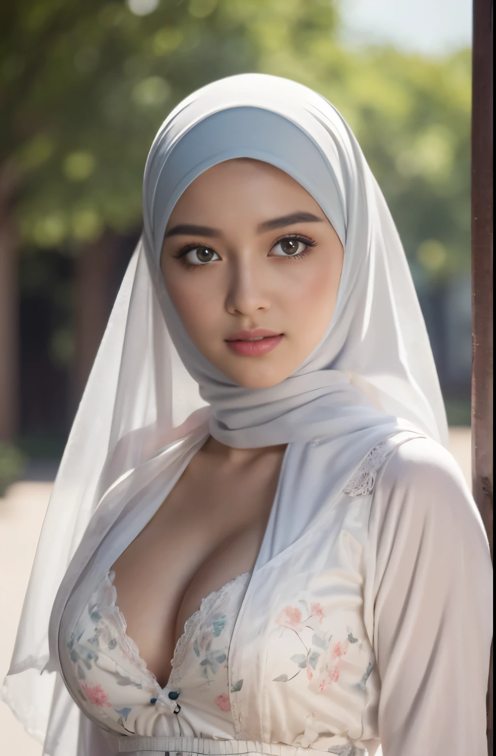 brownies, sky,moon, (Close-up of the painting style,Ultra HD 8K,Masterpiece grade CG wallpaper),Cinematic lighting,cute girly,Delicate and beautiful face,Dreamy pupils,Wearing nekomaid,round waist,hijabi,Bust poem,Sit,Cloudy background,the trees,florals,summer,Chinese style buildings, cleavage, magical