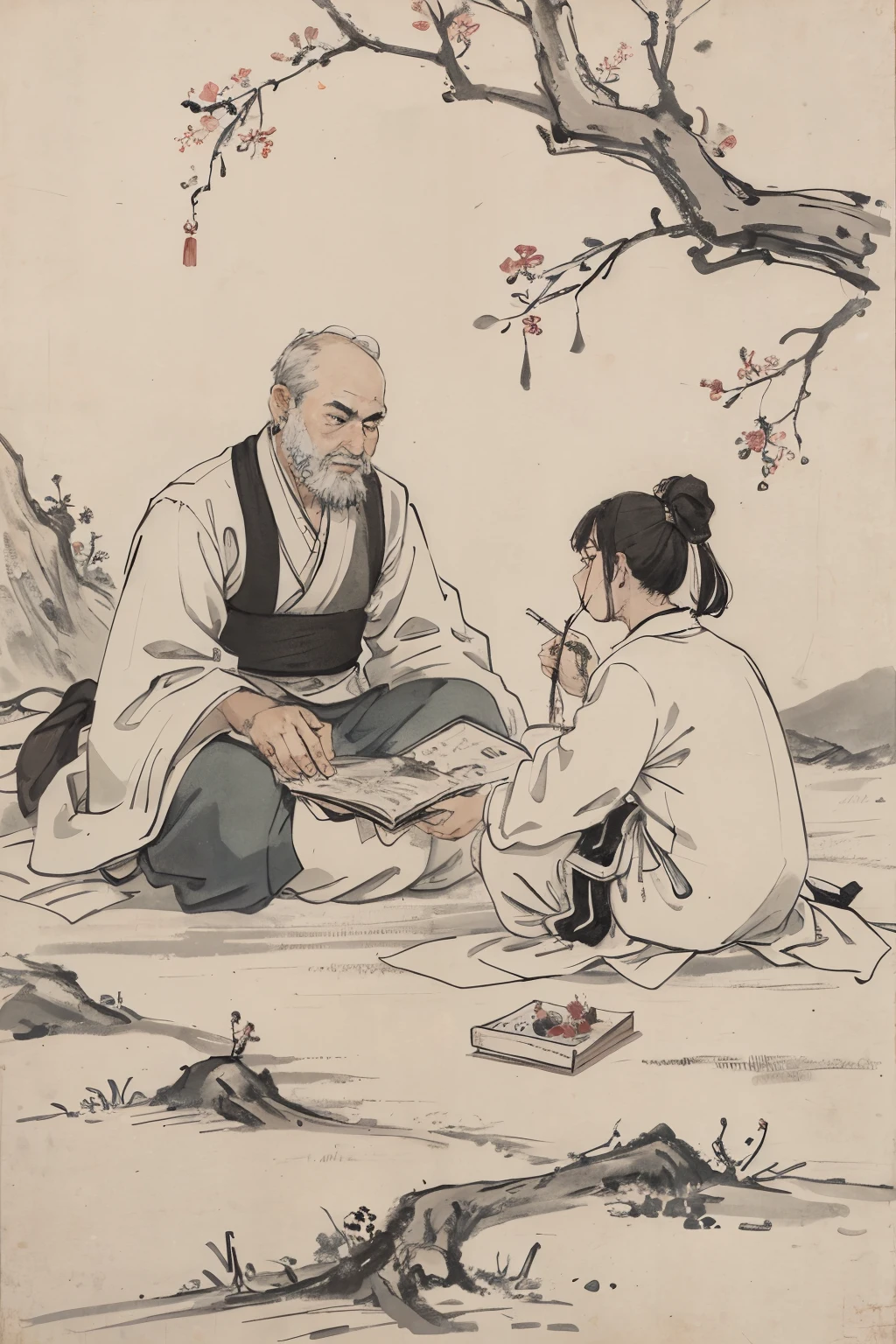 （masterpiece，best quality：1.2），Chinese traditional ink painting，An old man is introducing herbal medicine to his children，sitting under a big tree，Clear facial features