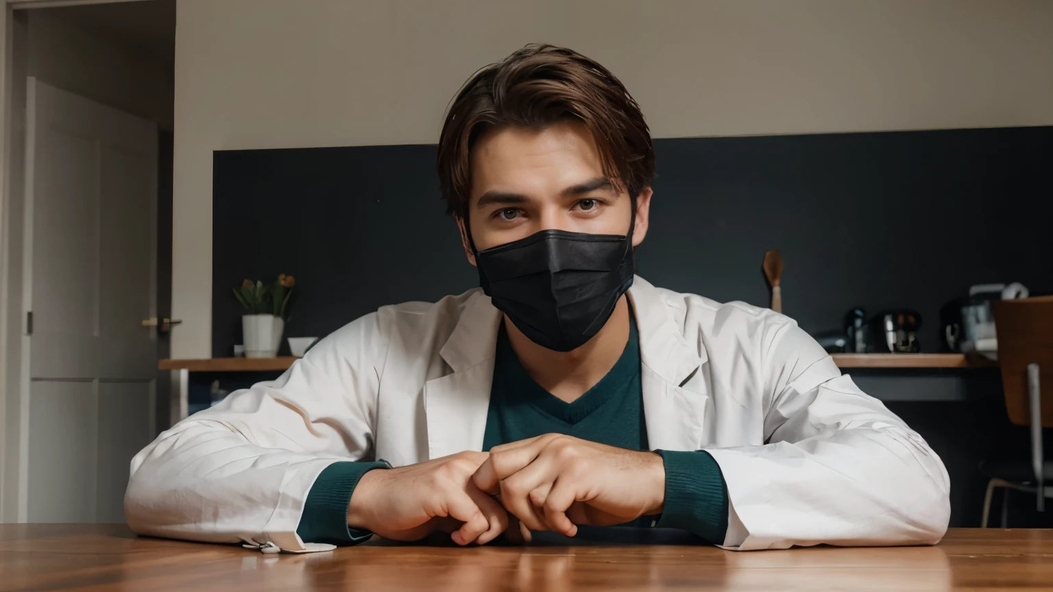 generate ultra realistic male doctor with face mask sitting on the table looking in the camera and talking