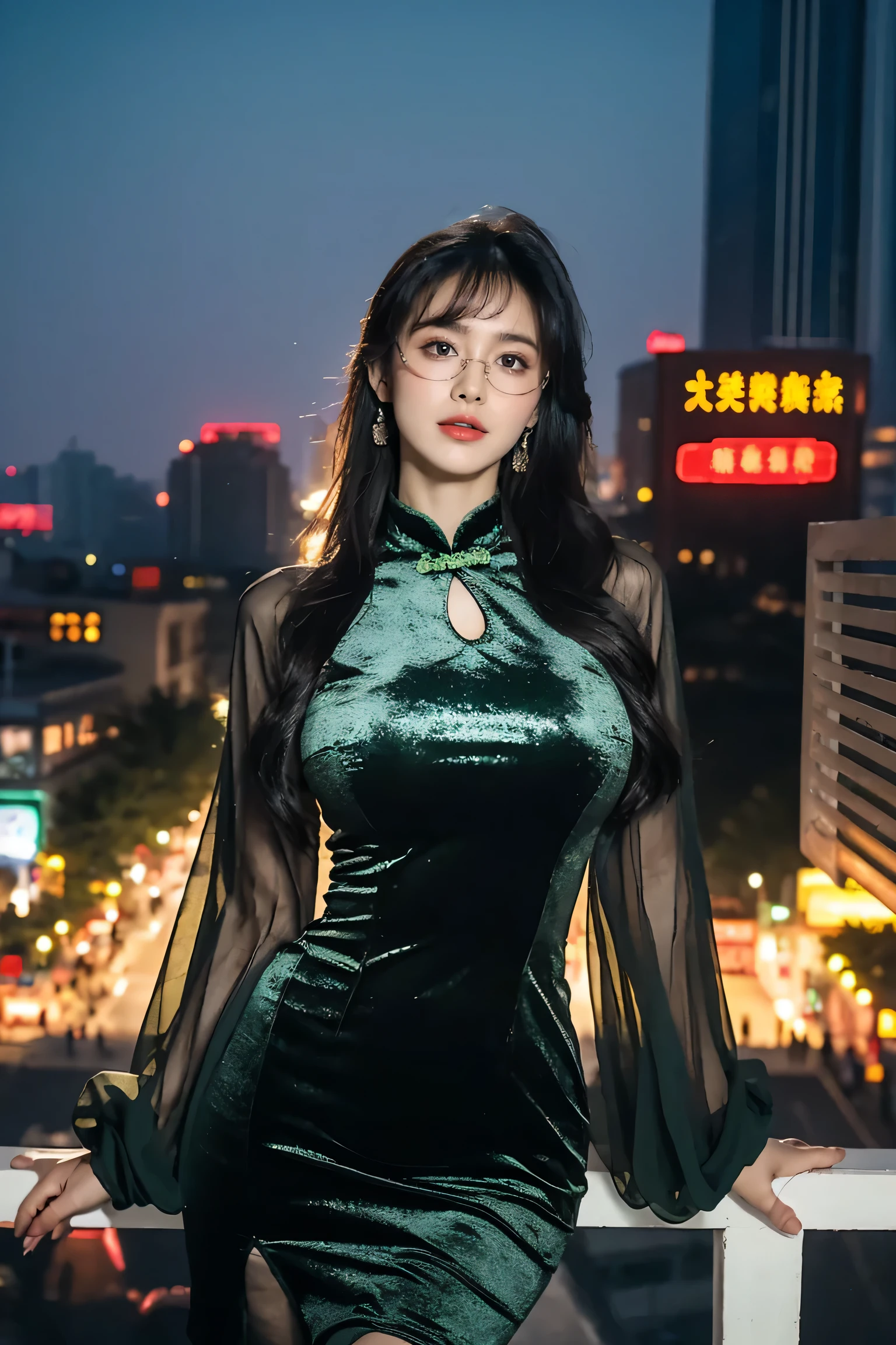 Super detailed,Very detailed,best quality,masterpiece,illustration,actual,photoactual,
WHQP, qipao, alone, 1 girl, 
(green dress:1.2),(green sleeves:1.2), Cross-dressing, 
Chinese clothes, Chinese dress, Transparent sleeves, (huge breasts:1.6),long sleeves, cleavage cutout, pantyhose, round glasses, side slits, 
long hair, Bangs,
looking at the audience,Cowboy shooting, 
Outdoor activities, City,night,City lights, street, 
 