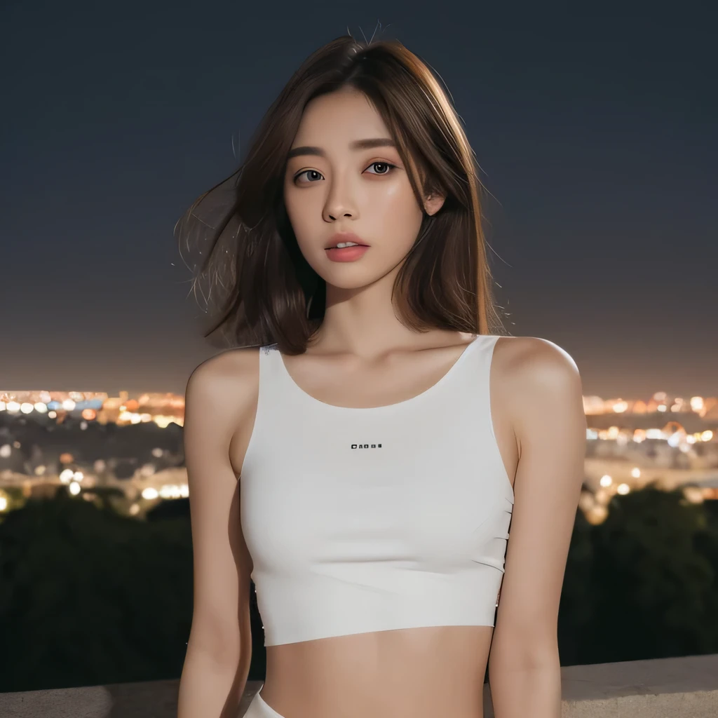 ((realistic lighting, highest quality, 8k, masterpiece: 1.3)), clear focus: 1.2, 1 girl, perfect figure: 1.4, slim abs: 1.1,looking far away,whole body,show me your stomach,Navel exposure, ((dark brown hair)), (white crop top: 1.4), (outdoors, night: 1.1), Eiffel Tower on the background, super detailed face, fine eyes, double eyelid,