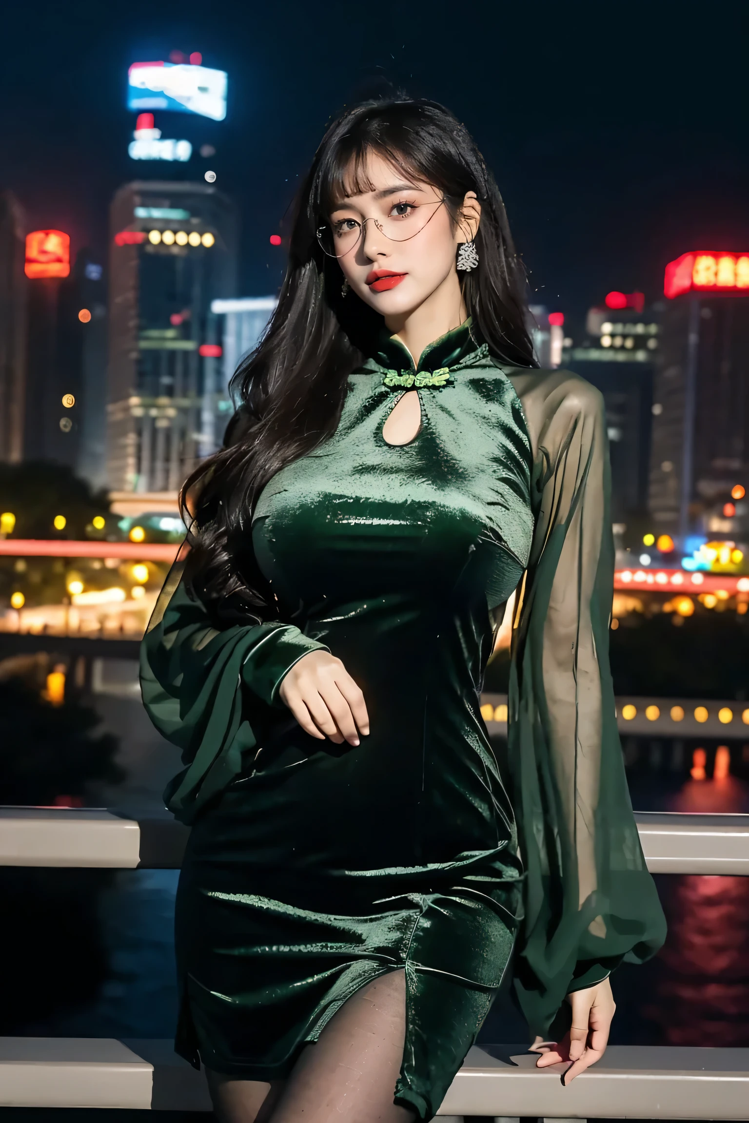 Super detailed,Very detailed,best quality,masterpiece,illustration,actual,photoactual,
WHQP, qipao, alone, 1 girl, 
(green dress:1.2),(green sleeves:1.2), Cross-dressing, 
Chinese clothes, Chinese dress, Transparent sleeves, (huge breasts:1.6),long sleeves, (cleavage cutout:1.5, pantyhose, round glasses, side slits, 
long hair, Bangs,
looking at the audience,Cowboy shooting, 
Outdoor activities, City,night,City lights, street, 
 