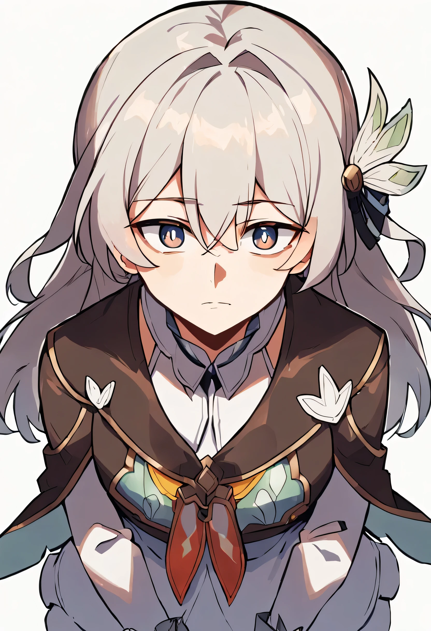 score_9, score_8_up, score_7_up, white background, simple background,
BREAK
source_anime,
BREAK
(1girl, solo, solo focus), fireflydef, grey hair, long hair, jacket, dress, hair ornament, 
from above, smilling
 