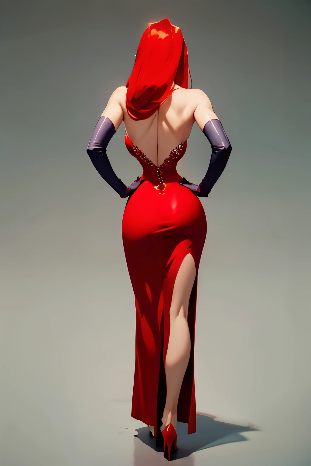 ((masterpiece, high quality, best quality, 8k, wallpaper, detailed)), A beautiful redhead, realistic, photorealistic, solo, looking at viewer, full body, long hair, red hair, long legs, pantyhose, sparkly red dress, strapless with leg slit, high heels, pretty hands, cameltoe, full body, She is looking at you, she is showing her back to you, (Monochromatic light grey background) ((soft light)) NSFW