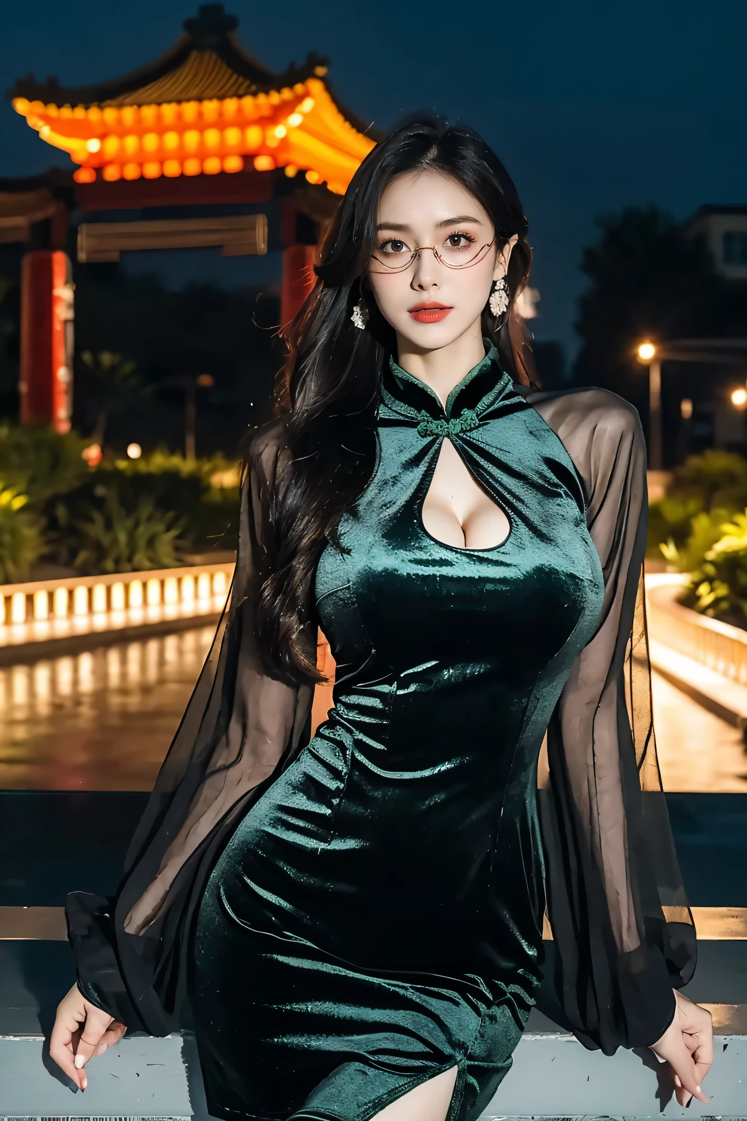 Super detailed,Very detailed,best quality,masterpiece,illustration,actual,photoactual,
WHQP, qipao, alone, 1 girl, 
(green dress:1.2),(green sleeves:1.2), Cross-dressing, 
Chinese clothes, Chinese dress, Transparent sleeves, (huge breasts:1.8),long sleeves, (cleavage cutout:1.4), pantyhose, round glasses, side slits, 
long hair, Bangs,
looking at the audience,Cowboy shooting, 
Outdoor activities, City,night,City lights, street, 
 