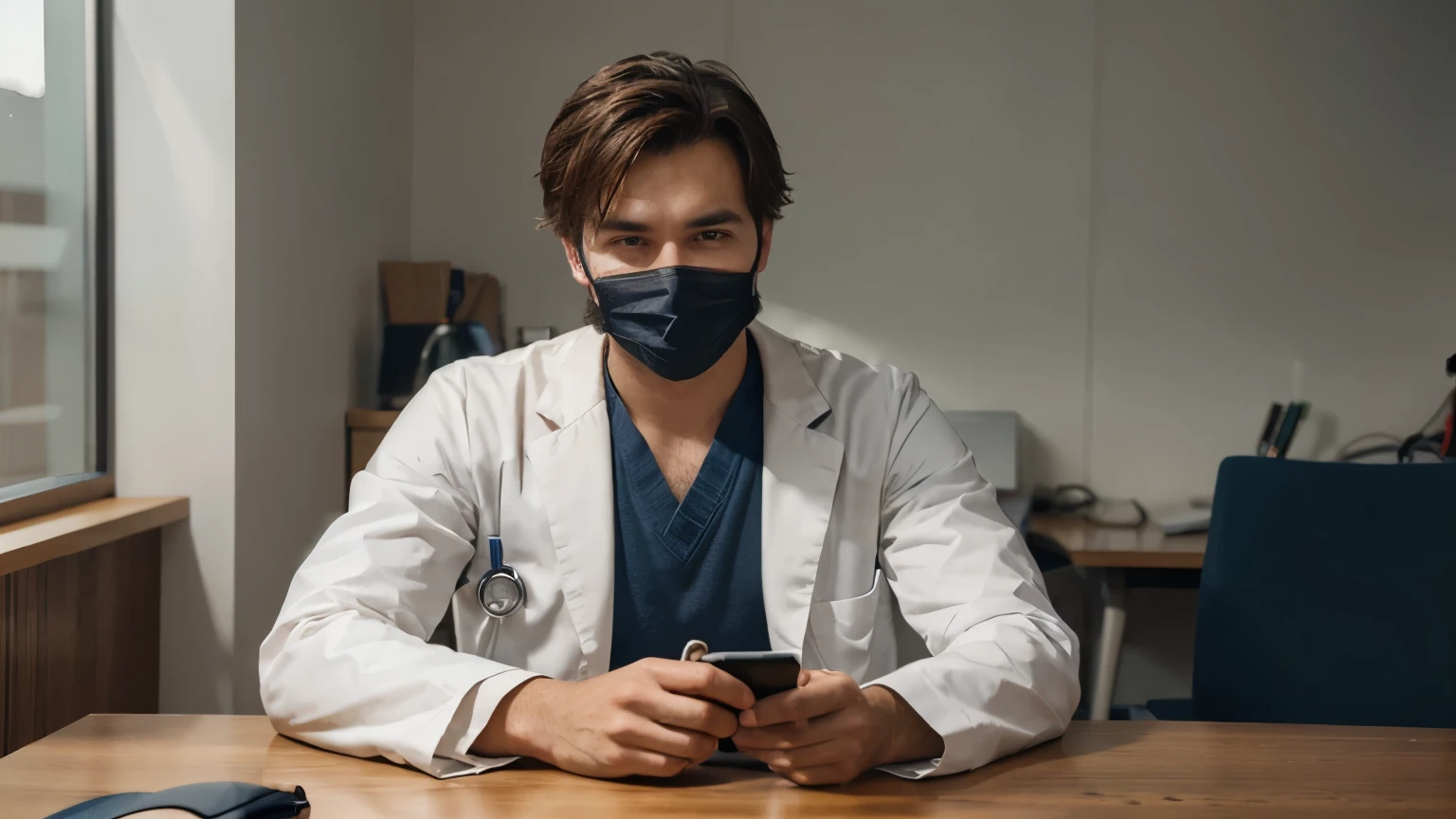 generate ultra realistic male doctor with face mask sitting on the table looking in the camera and talking