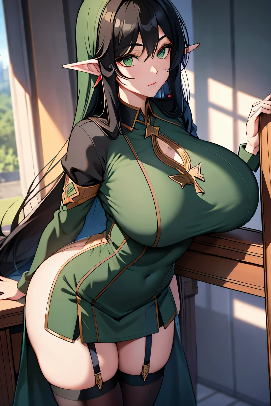 long black hair, long elf ears, green eyes, solo, standing, upper body, hips, gigantic breasts, (best quality, masterpiece, beautiful and aesthetic:1.2, highest detailed face, perfect face,) eyes, perfect face,expressive eyes, ultra high res,4K,ultra-detailed