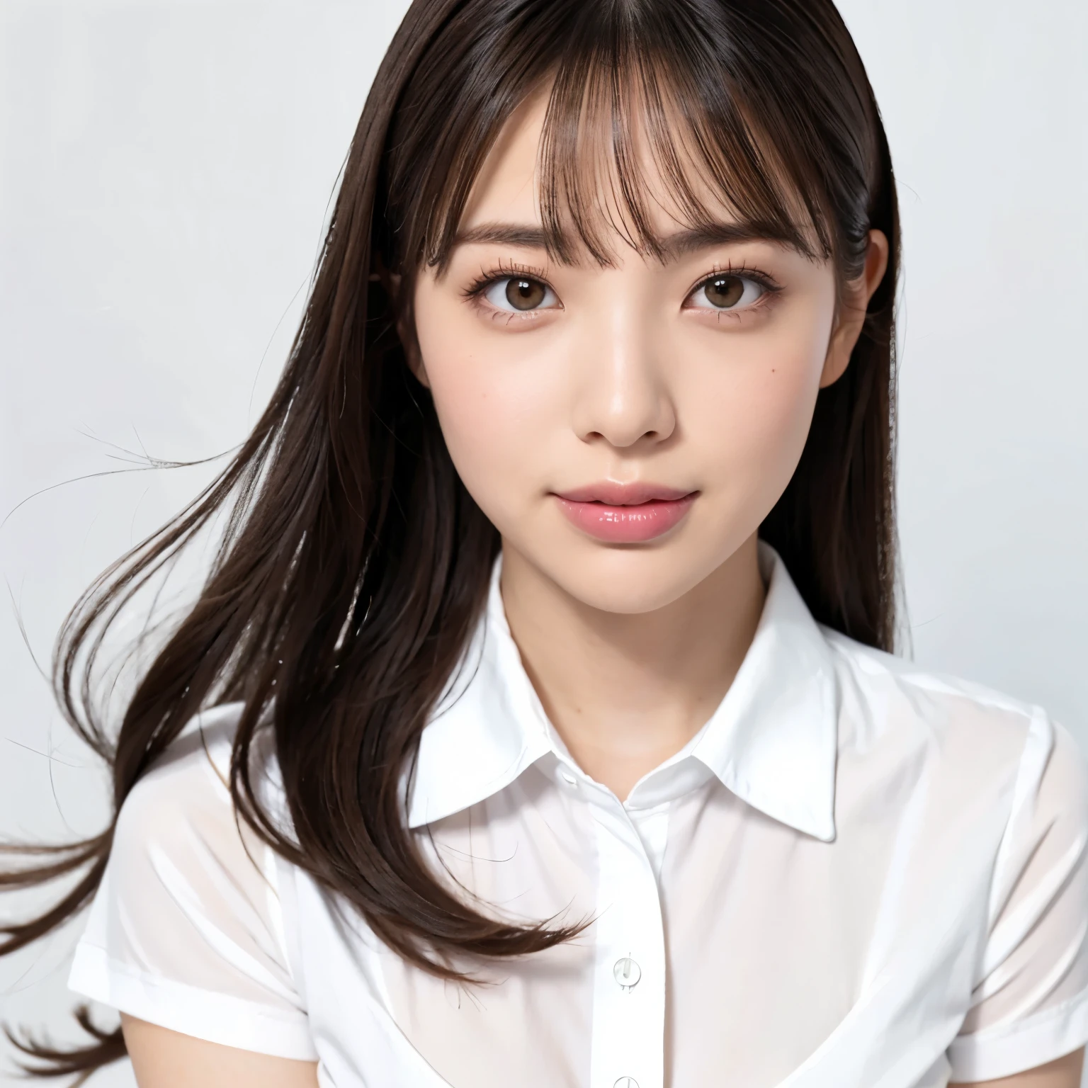 (highest quality、table top、8k、best image quality、Award-winning work)、one cute high school girl、(solo:1.1)、straight medium hair、perfect bangs、(Perfect short sleeve collared polyester shirt:1.1)、(Polyester shirt with pointed collar:1.1)、(The simplest pure white background:1.3)、(Perfectly fixed to the front:1.1)、close up of face、(very big breasts:1.2)、(emphasize body line:1.2)、close up of face、(Perfect frontal and horizontal portrait of a woman with adequate white space:1.2)、(Depicting a woman perfectly horizontally and frontally:1.2)、beautiful and detailed eyes、look at me and smile、(Upright photo from the chest up:1.2)、(Please turn and look straight at me:1.2)、perfect makeup、Ultra high definition beauty face、ultra high definition hair、Super high-definition sparkling eyes、Super high resolution glossy lips、accurate anatomy、very beautiful skin、(Super high-definition sparkling pure white skin:1.1)、Graceful upright posture seen from the front、(very bright:1.2)