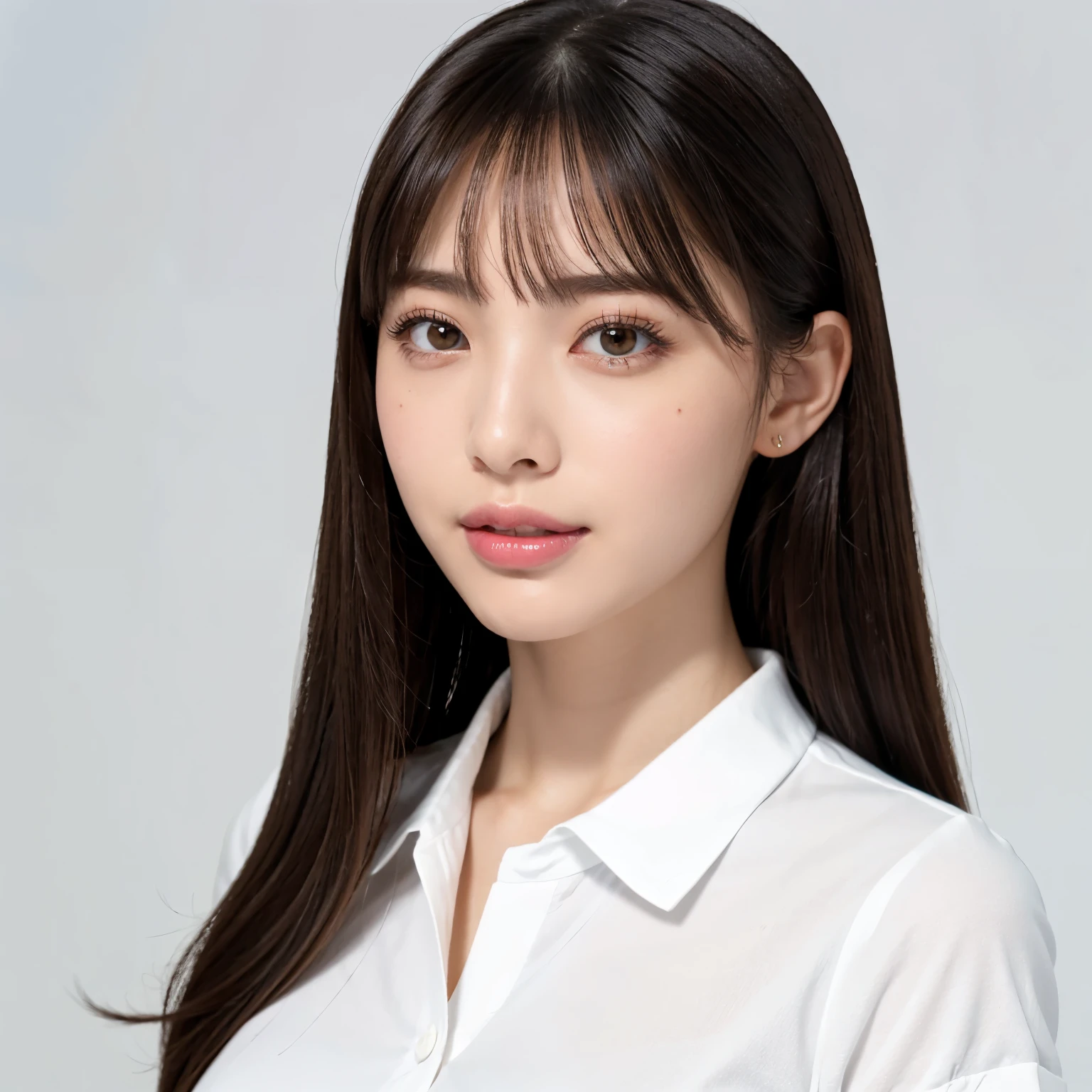 (highest quality、table top、8k、best image quality、Award-winning work)、one cute high school girl、(solo:1.1)、straight medium hair、perfect bangs、(Perfect short sleeve collared polyester shirt:1.1)、(Polyester shirt with pointed collar:1.1)、(The simplest pure white background:1.3)、(Perfectly fixed to the front:1.1)、close up of face、(very big breasts:1.2)、(emphasize body line:1.2)、close up of face、(Perfect frontal and horizontal portrait of a woman with adequate white space:1.2)、(Depicting a woman perfectly horizontally and frontally:1.2)、beautiful and detailed eyes、look at me and smile、(Upright photo from the chest up:1.2)、(Please turn and look straight at me:1.2)、perfect makeup、Ultra high definition beauty face、ultra high definition hair、Super high-definition sparkling eyes、Super high resolution glossy lips、accurate anatomy、very beautiful skin、(Super high-definition sparkling pure white skin:1.1)、Graceful upright posture seen from the front、(very bright:1.2)