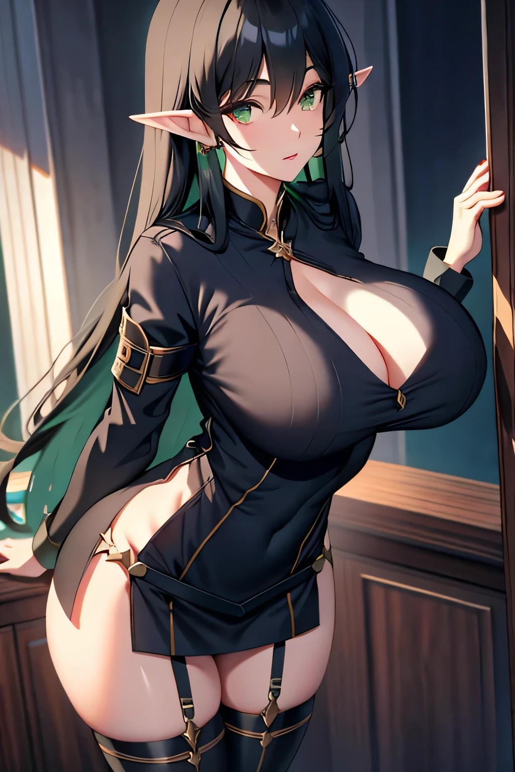 long black hair, long elf ears, green eyes, solo, standing, upper body, hips, gigantic breasts, (best quality, masterpiece, beautiful and aesthetic:1.2, highest detailed face, perfect face,) eyes, perfect face,expressive eyes, ultra high res,4K,ultra-detailed