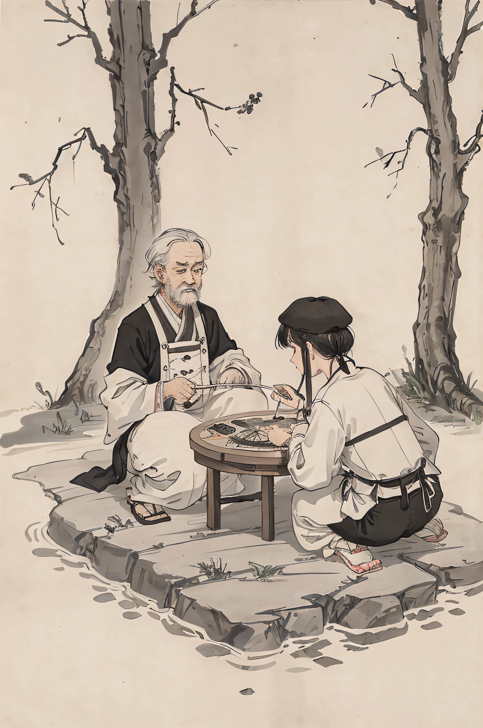 (masterpiece,best quality:1.2),Chinese traditional ink painting,A kind old man is introducing herbal medicine to a very ,Sit under a big tree,clear facial features