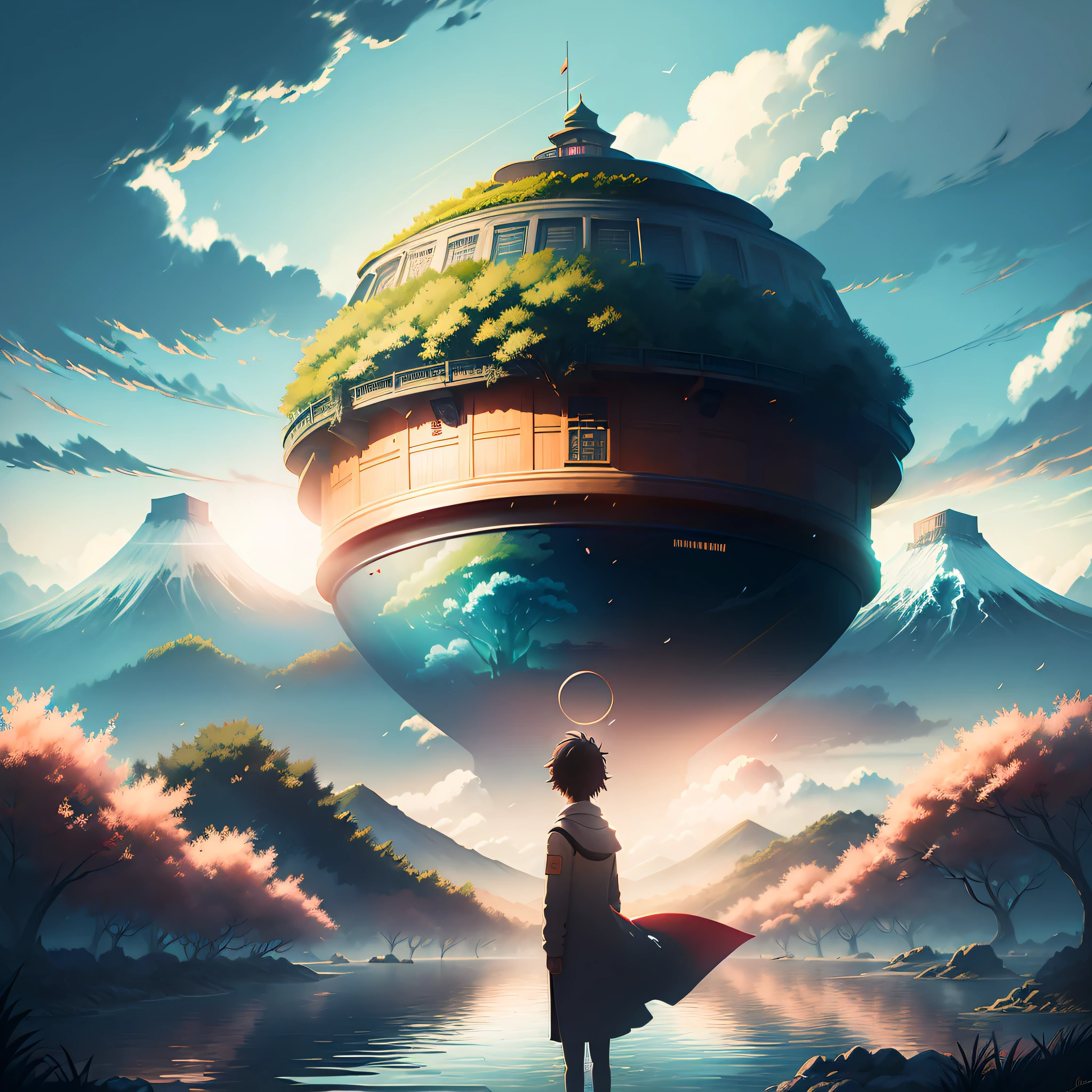 Il y a un homme japonais debout sur un chemin qui regarde les nuages, Animated landscapes, digital painting'une pagode, detailed landscape, lively countryside landscape, Paysage japonais, paysage des studios Ghibli, made with the painter's studio'anime, inspired by Josetsu, beautiful animated landscape, montagnes du japon, peint dans un studio de peintre anime, campagne au japon, inspired by Makoto Shinkai, fantaisie. Ambiance paradisiaque. paradis. Nuages. Chateau dans LE ciel. coucher de soleil. japon.