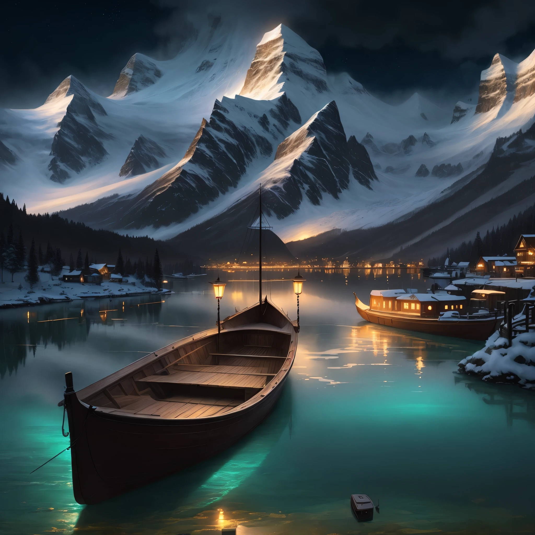 There is a boat in the lake at night，The background is the city under the snowy mountains,, 4k highly detailed digital art, fantasy. gondola boat, calm night. digital illustration, Very beautiful digital art, detailed fantasy digital art, fantasy sea landscape