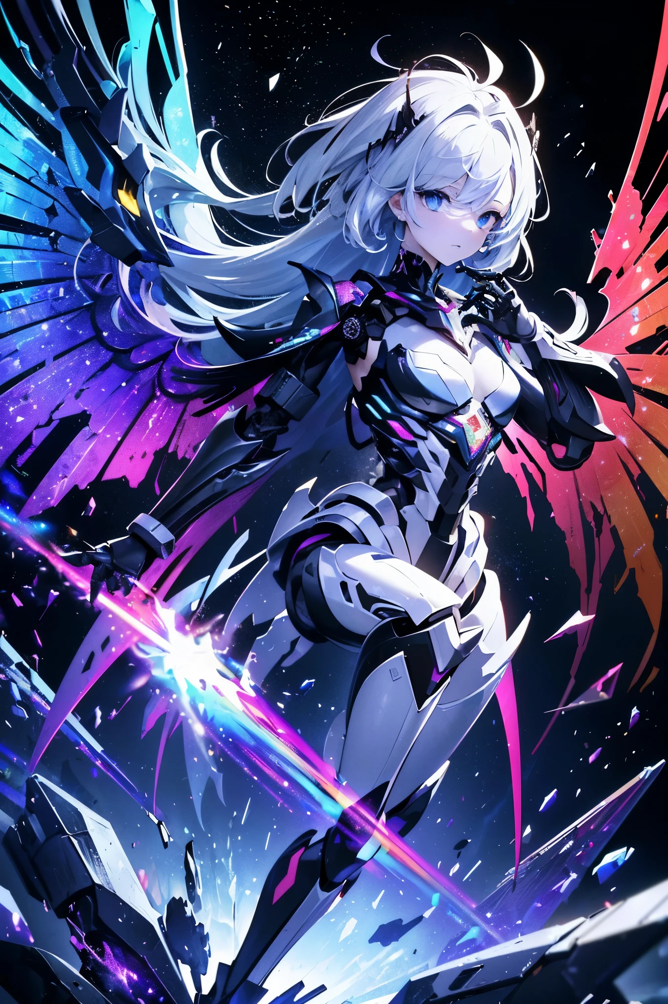 highest quality, master masterpiece, disorganized, Highly detailed 8k wallpaper, break, (High Contrast RGB Effects, Rainbow Color Mechanical Wings), break, (High Contrast RGB Effects, LED Effect, Kaleidoscope effect, Shining effect, glitter rgb effect), (ripple effect:1.2), break, Beautiful Mechanical Girl, (perfect five fingers), (close your eyes:1.1), break, (mechanical joint, Mechanical limbs and fingers, Exoskeleton spine and coccyx:1.2), (mechanical harrow), whole body, fantastic starry sky, (symmetry), extended_arm,、long red hair、