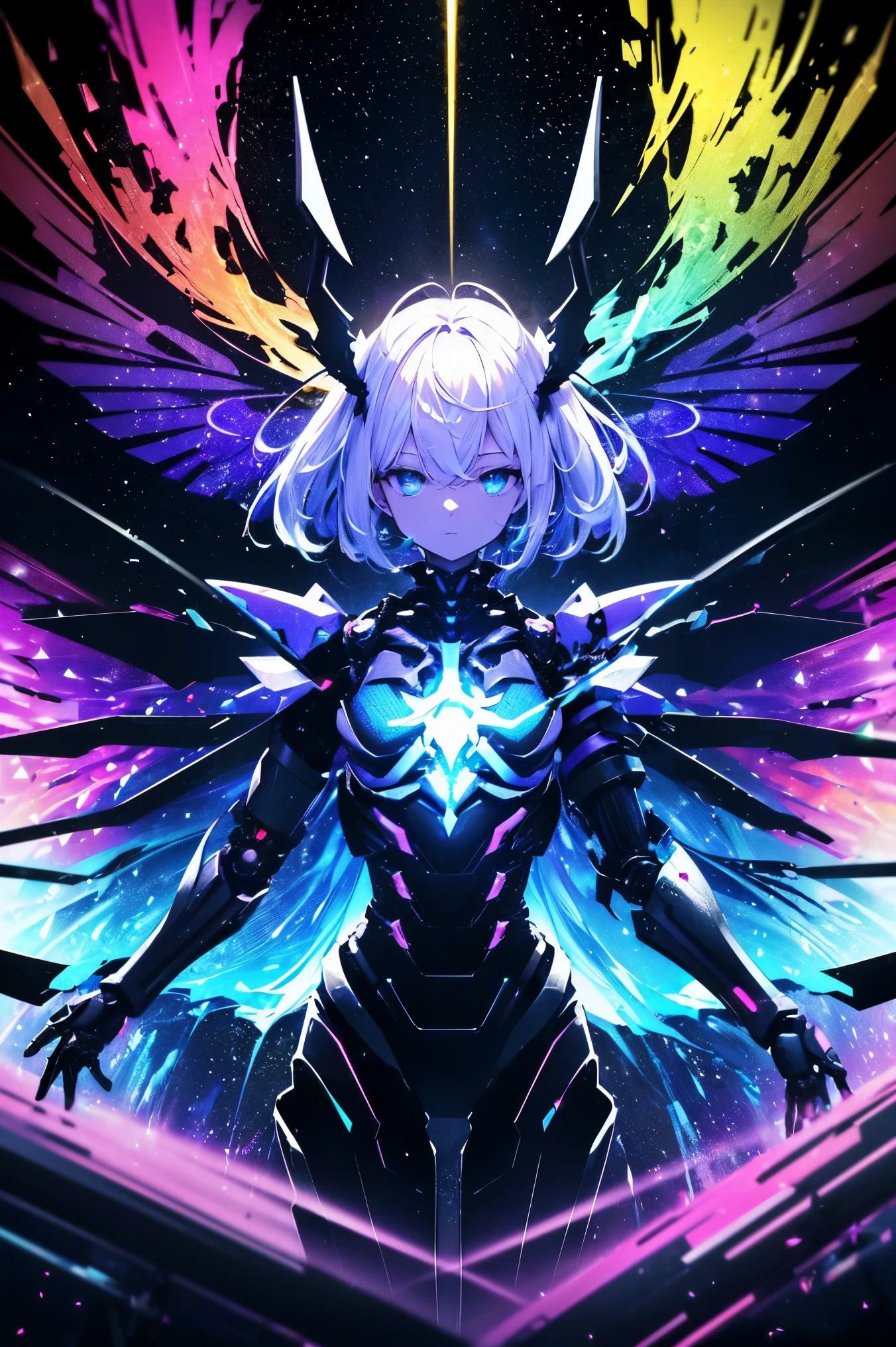 highest quality, master masterpiece, disorganized, Highly detailed 8k wallpaper, break, (High Contrast RGB Effects, Rainbow Color Mechanical Wings), break, (High Contrast RGB Effects, LED Effect, Kaleidoscope effect, Shining effect, glitter rgb effect), (ripple effect:1.2), break, Beautiful Mechanical Girl, (perfect five fingers), (close your eyes:1.1), break, (mechanical joint, Mechanical limbs and fingers, Exoskeleton spine and coccyx:1.2), (mechanical harrow), whole body, fantastic starry sky, (symmetry), extended_arm,、long red hair、
