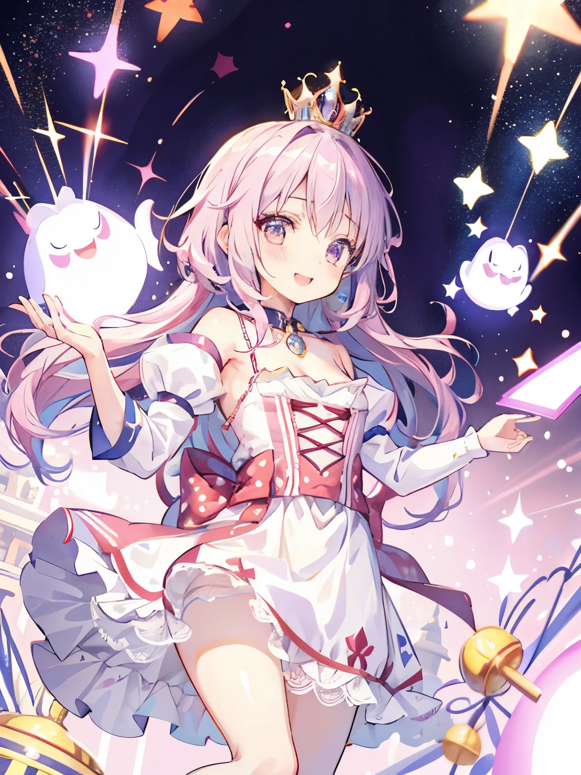 girl,((It's a Small World:1.3)),smile,Princess style from the fairy tale world,alice in wonderland,cheshire cat,close up of face,(polka dot background:1.2),red and white and pink and yellow,(look up:1.3),(NSFW),(fascinating cleavage),(Absolute area:1.3)