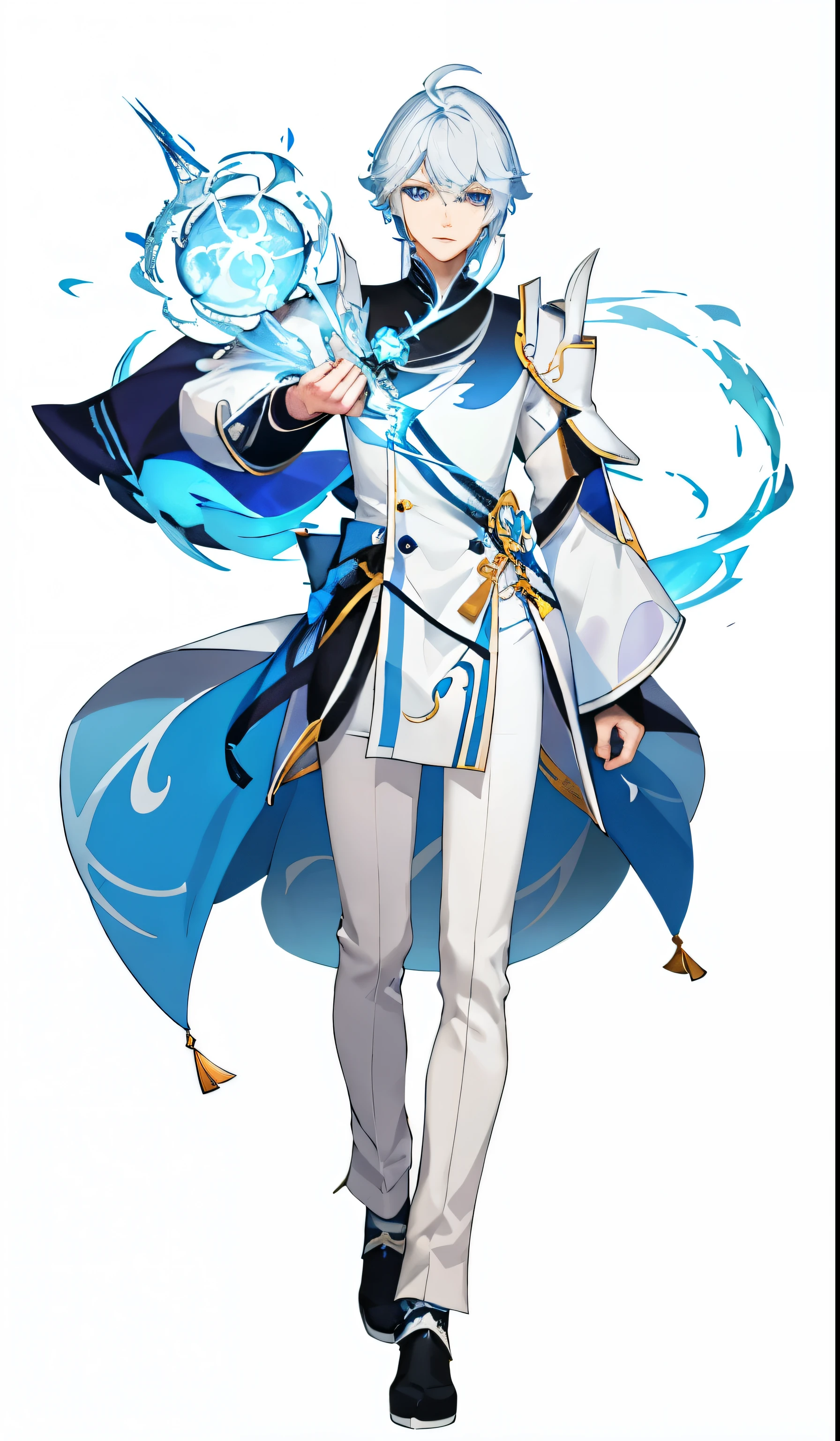Dressed in white and blue、Anime character holding blue object, keqing from Genshin impact, Genshin impact character, Tall blue eyed anime character, casimir art, Exquisite androgynous prince, beautiful androgynous prince, Genshin impact style, Genshin, Complete avatar of the Elementalist, zhongli from Genshin impact, official character art