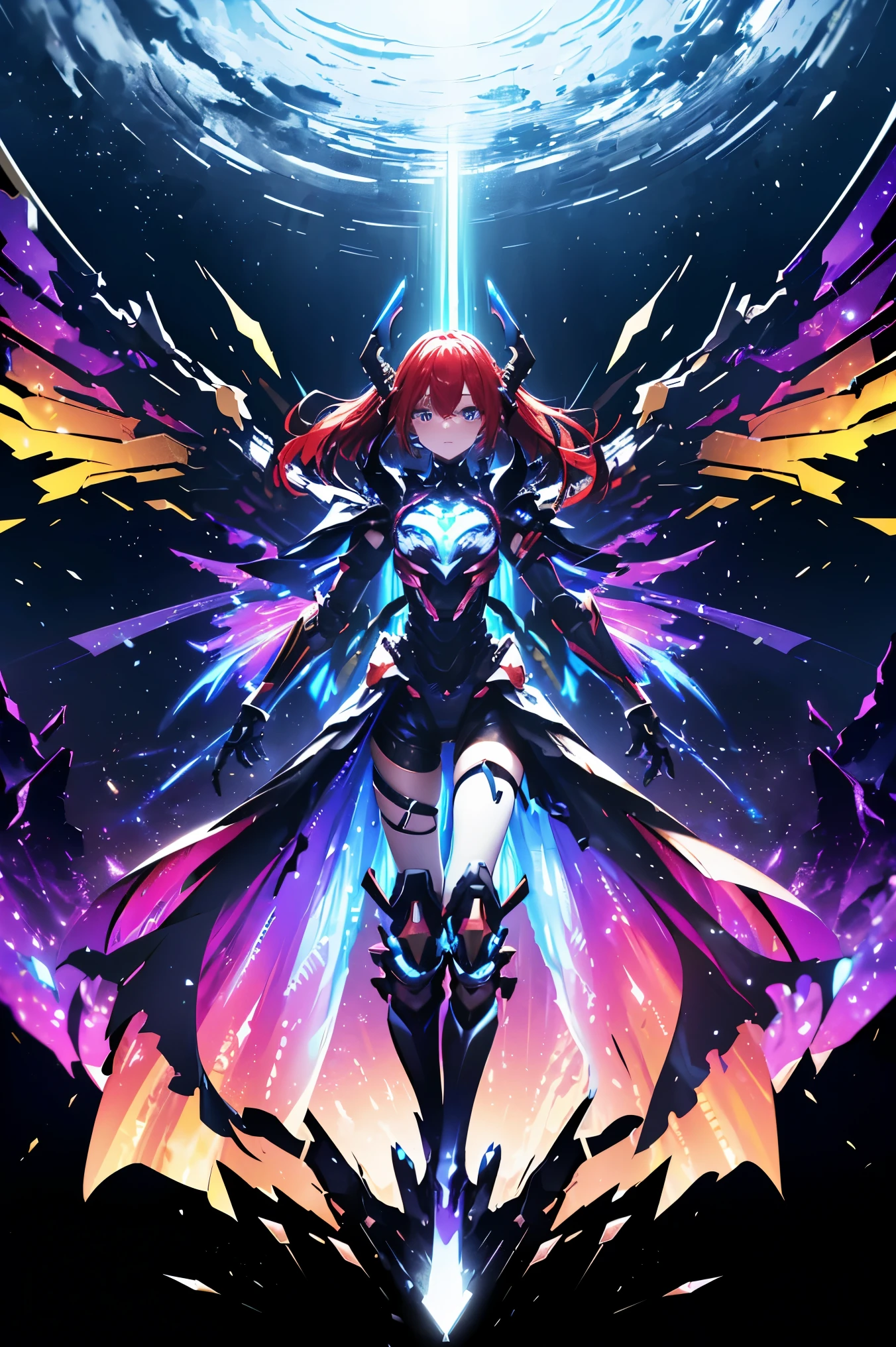 highest quality, master masterpiece, disorganized, Highly detailed 8k wallpaper, break, (High Contrast RGB Effects, Rainbow Color Mechanical Wings), break, (High Contrast RGB Effects, LED Effect, Kaleidoscope effect, Shining effect, glitter rgb effect), (ripple effect:1.2), break, Beautiful Mechanical Girl, (perfect five fingers), (close your eyes:1.1), break, (mechanical joint, Mechanical limbs and fingers, Exoskeleton spine and coccyx:1.2), (mechanical harrow), whole body, fantastic starry sky, (symmetry), extended_arm,、long red hair、
