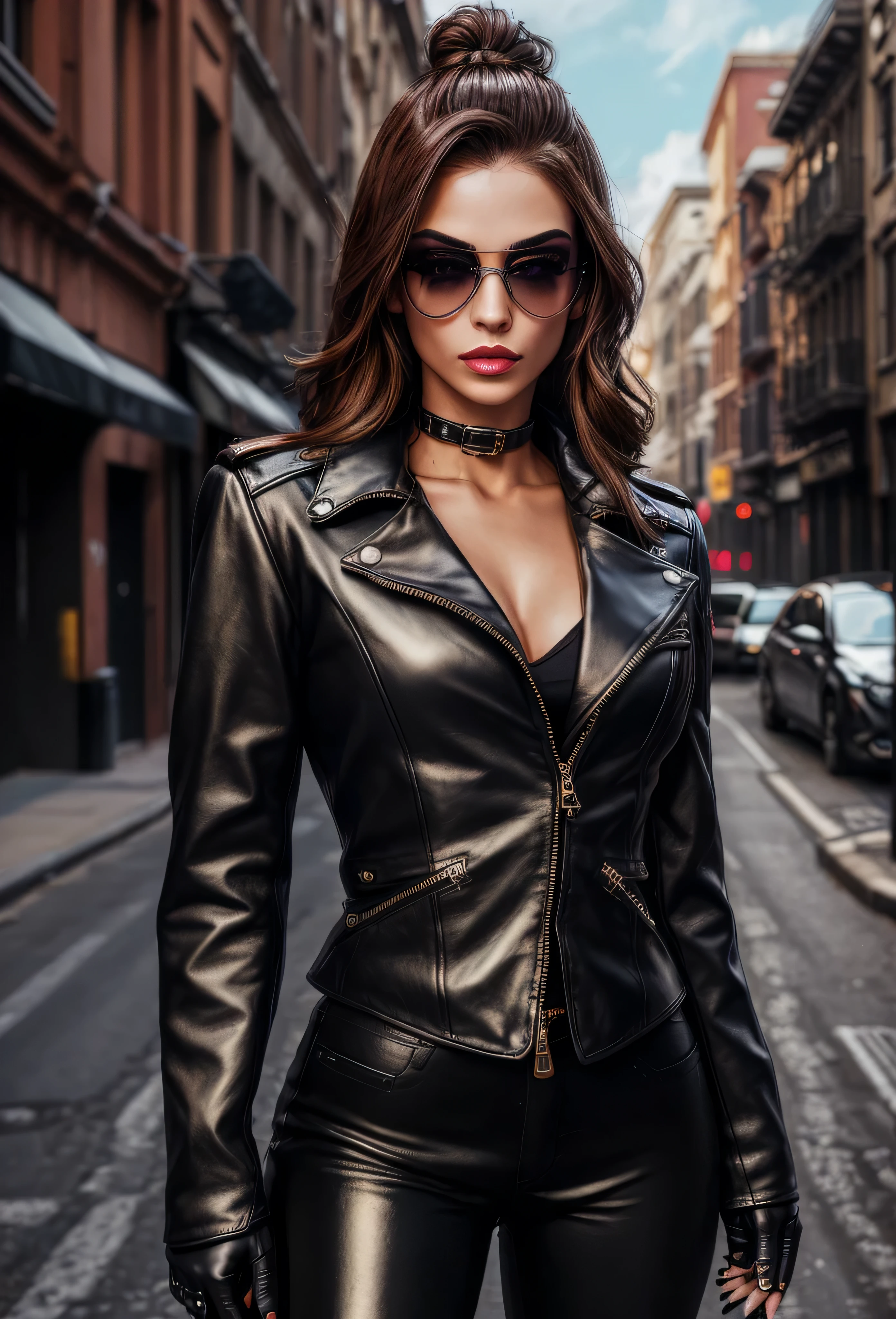 (best quality,4k,8k,highres,masterpiece:1.2),ultra-detailed,(realistic,photorealistic,photo-realistic:1.37),Lola,brunette influencer,leather outfit,stylish,confident,beautiful detailed eyes,beautiful detailed lips,extremely detailed eyes and face,long eyelashes,modern,urban location,cityscape backdrop,bright and vibrant colors,studio lighting,dramatic shadows,edgy fashion,high contrast,gritty atmosphere,lens flare effect, smokey eye makeup,leather gloves,posing with attitude,striking pose,sleek and shiny hair,retro sunglasses,classy biker boots,grunge aesthetic,cool and composed demeanor,glamorous appearance,street style fashion