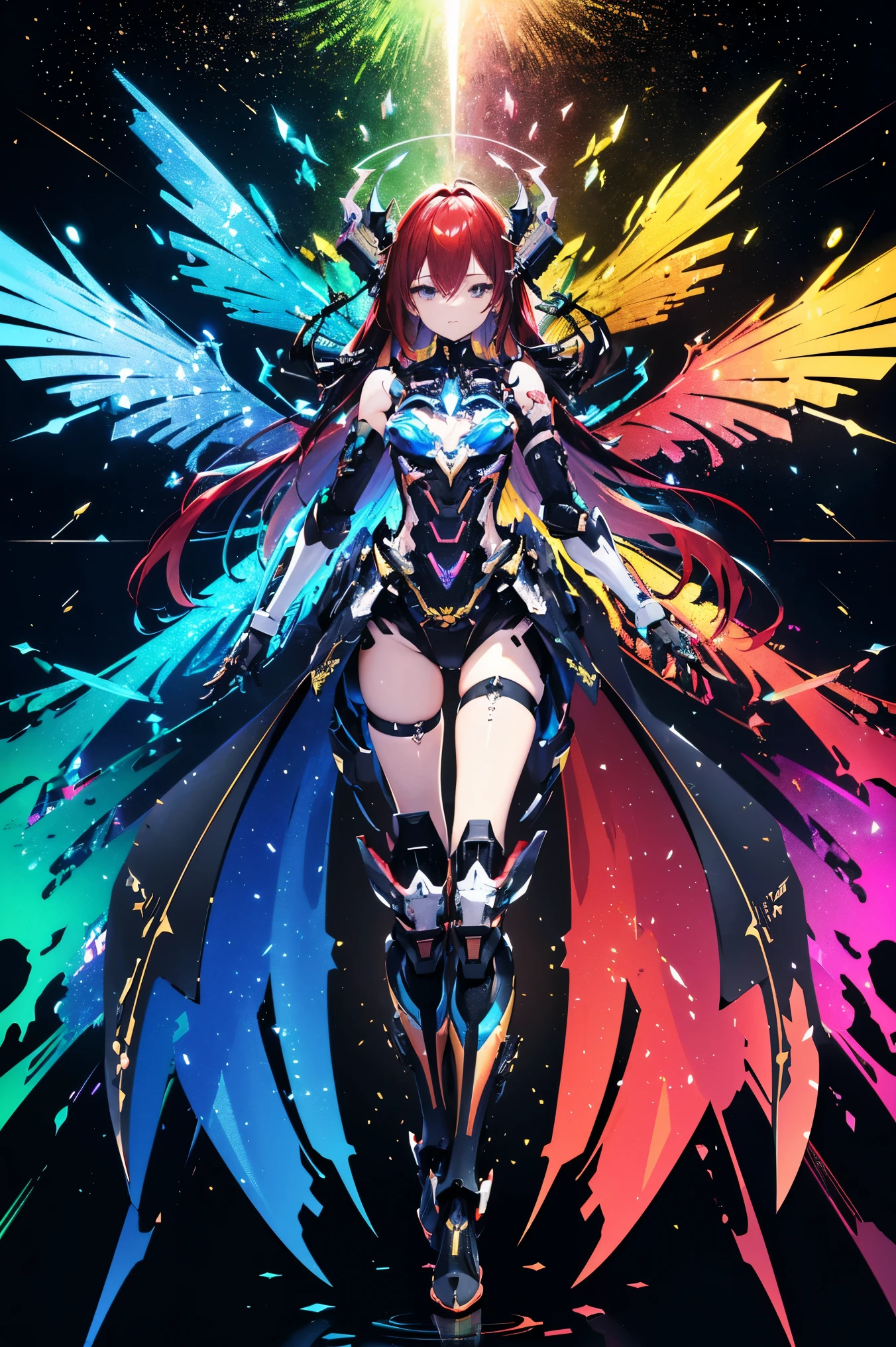 highest quality, master masterpiece, disorganized, Highly detailed 8k wallpaper, break, (High Contrast RGB Effects, Rainbow Color Mechanical Wings), break, (High Contrast RGB Effects, LED Effect, Kaleidoscope effect, Shining effect, glitter rgb effect), (ripple effect:1.2), break, Beautiful Mechanical Girl, (perfect five fingers), (close your eyes:1.1), break, (mechanical joint, Mechanical limbs and fingers, Exoskeleton spine and coccyx:1.2), (mechanical harrow), whole body, fantastic starry sky, (symmetry), extended_arm,、long red hair、