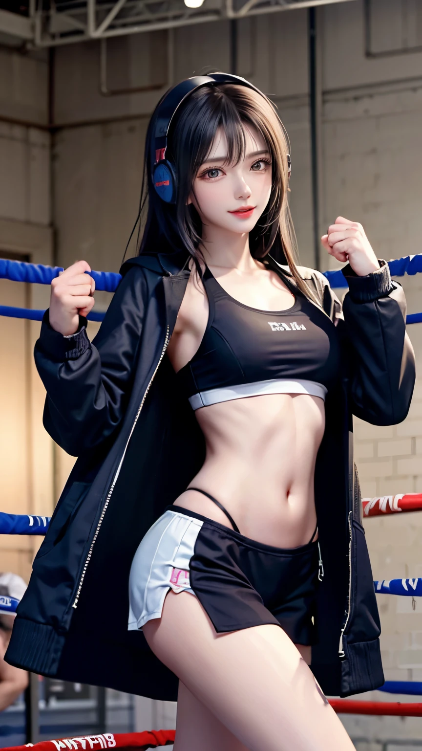girl in sportswear、Supermodel、perfect shape、、sports girls、beautiful feet、coat、cyber punk、headphone、Innocent face、A beautiful girl in sportswear punches a man with a smile、boxing match