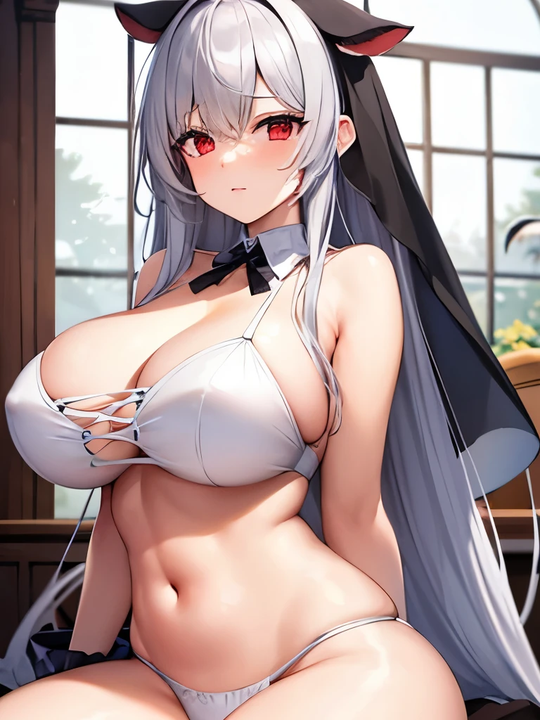 highest quality High resolution one young beautiful woman red eyes Beautiful gray hair medium perm cute soft girl Cat ear Seductive naked cow pattern underwear church nun cowgirl cosplay magic monastery robe breastfeeding service The huge breasts of a virgin killer with amazing charm Sexless breast milk gasp incest Estrus face