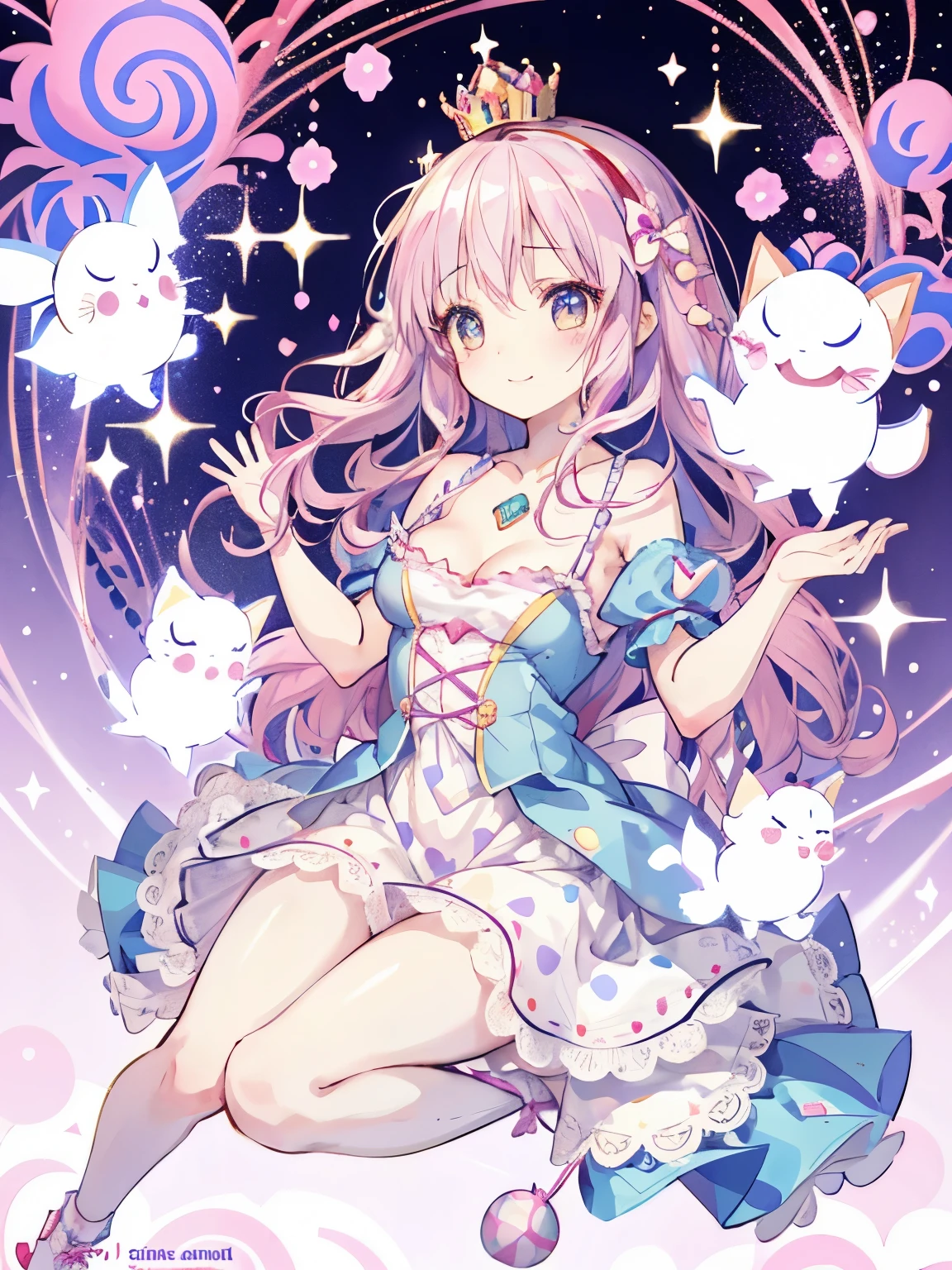 girl,((It's a Small World:1.3)),smile,Princess style from the fairy tale world,alice in wonderland,cheshire cat,close up of face,(polka dot background:1.2),red and white and pink and yellow,(look up:1.3),(NSFW),(fascinating cleavage),(Absolute area:1.3)