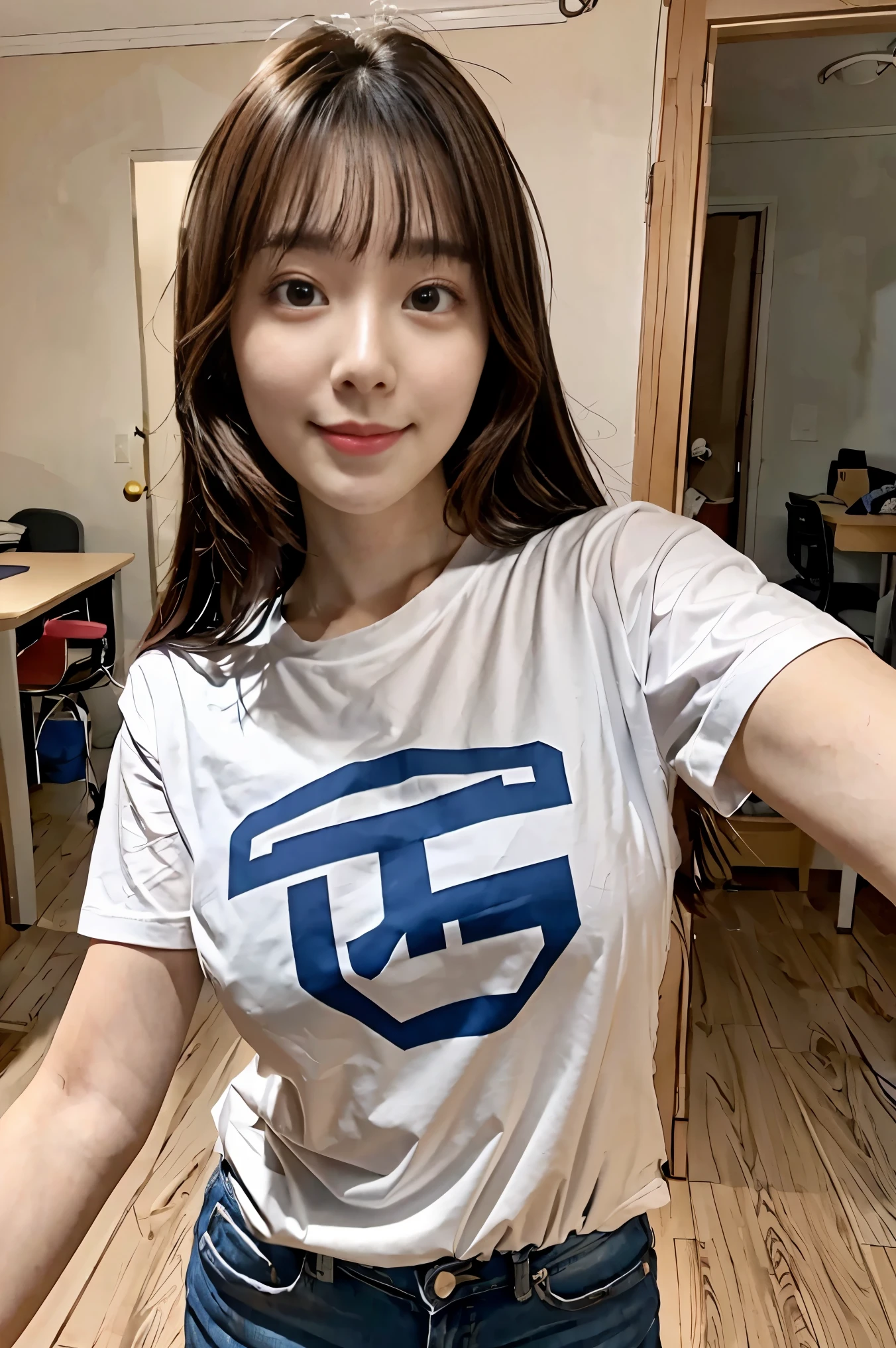 university student、cute face、T-shirt、inside the house、G cup、It&#39;s so big that you can see it even through your clothes、popular person、influencer、Realistic、selfie、the body is slender