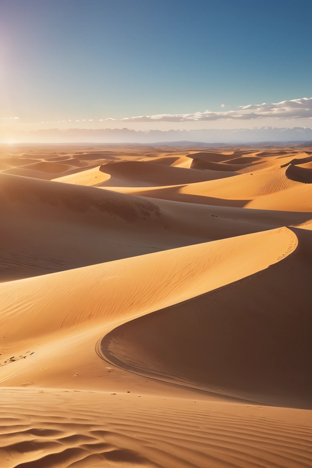 Photo of the sun shining on the desert, (16:9 ultra high definition), ((Realistic landscape)), ((Detailed textures: 1.2)), ((Golden hour lighting)), ((Sun rays: finely detailed and intricate)), ((Refined sand dunes: well-defined shapes and patterns)), ((Realistic sunlight effects: diffused and soft)), ((Best quality: 8K resolution)), ((Masterpiece digital art trend on Artstation)), ((Captured with: Canon EOS R6, 24-70mm Lens, F/4, nffsw)), ((Focal length: 35mm)), ((Post-processed for: rich, vibrant colors and high