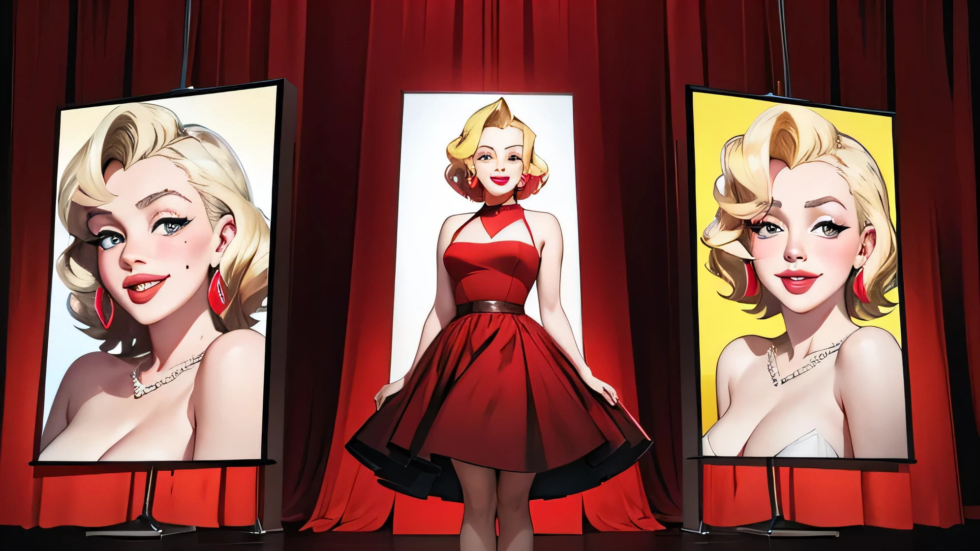 arafed woman with a red dress and a smile on her face, portrait of marilyn monroe, marilyn monroe portrait, a colorized photo, judy garland, marilyn monroe, colorized photo, colorized, colorized background, portrait, colourised, colourized, colorized photograph, award winning colorized photo, color studio portrait, coloured photo, psychedelic colorization, colorized photon