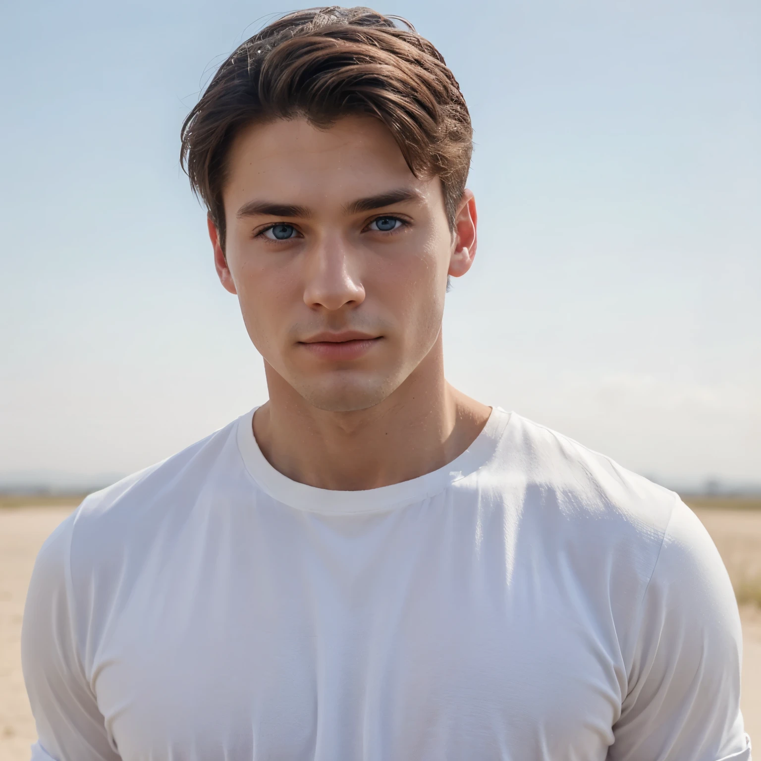 a handsome guy without a beard of twenty years old looks straight. background white plain. No emotions. Blue eyes.